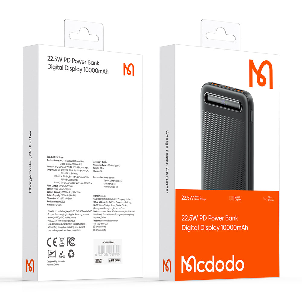 Mcdodo 22.5W Digital Display 10000mAh 1C+2A Power Bank