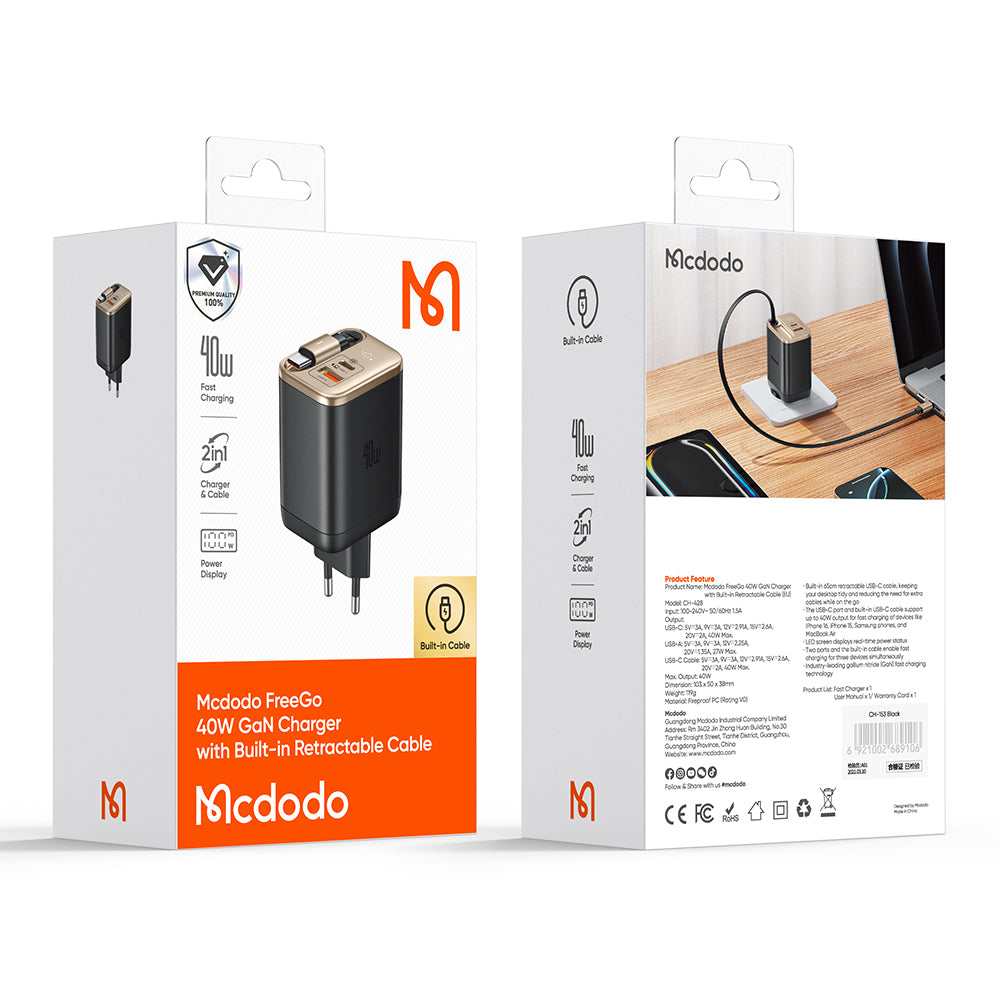 Mcdodo 40W 1C+1A Digital Display GaN Charger Built-in 65cm retractable USB-C Cable(EU)