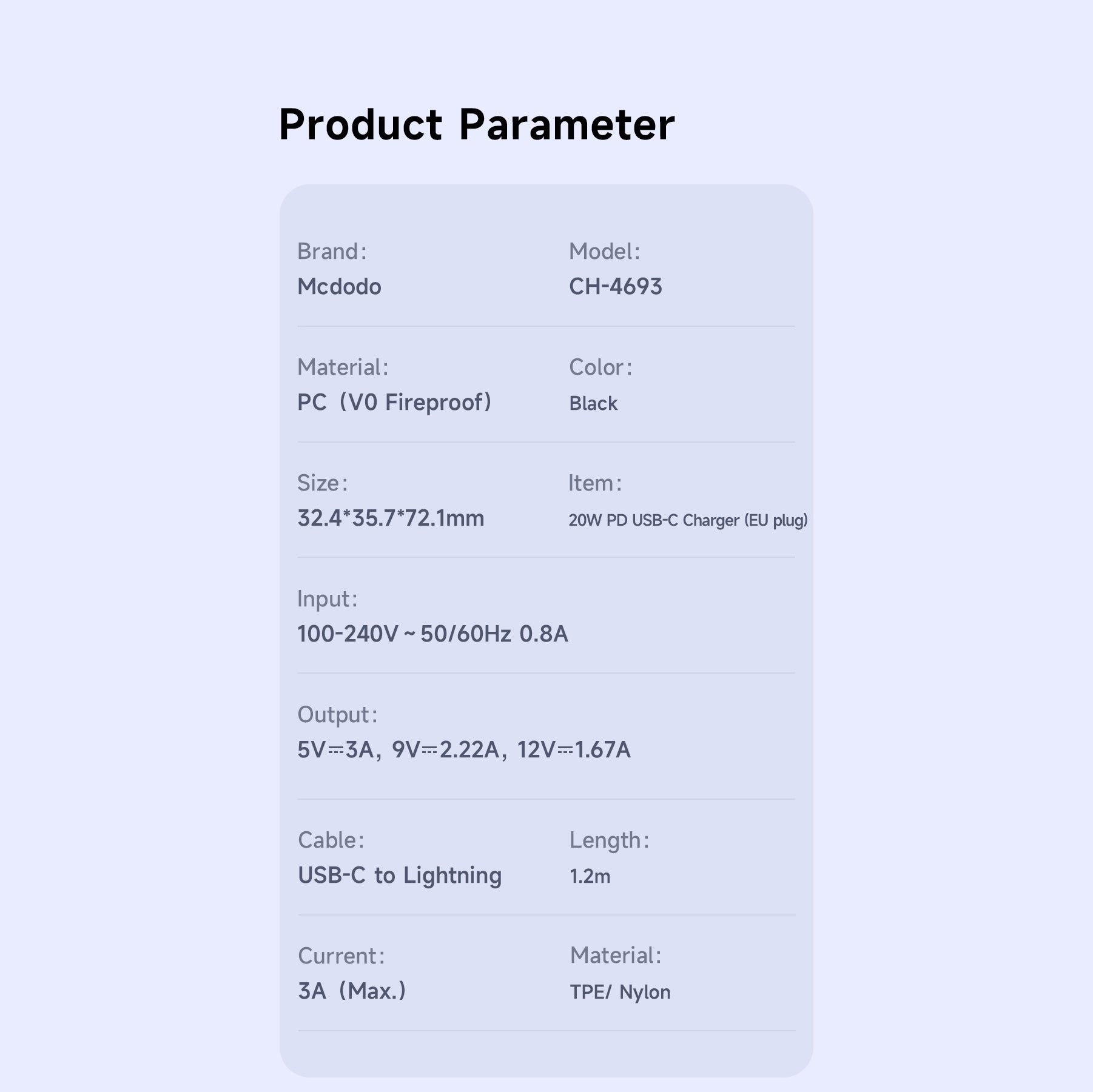 Mcdodo 20W 1C PD Fast Charger (EU) + C to L cable 1.2m