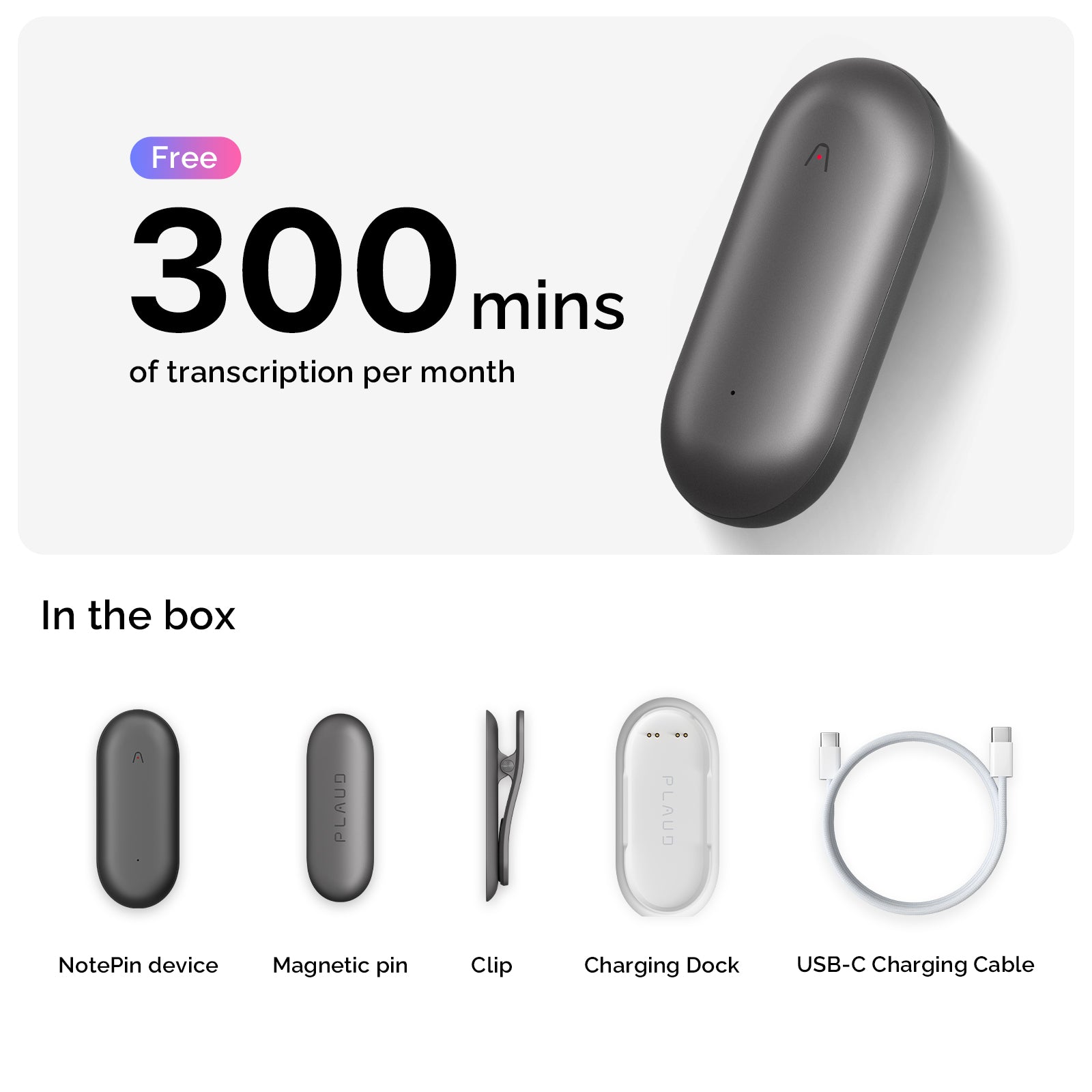 Plaud NotePin Voice Recorder, AI Voice Recorder, AI Note Taker, AI Transcribe & Summarize, Support 112 Languages, for Meetings, Lectures, Professionals, Teams, Cosmic Gray, Non-S Version