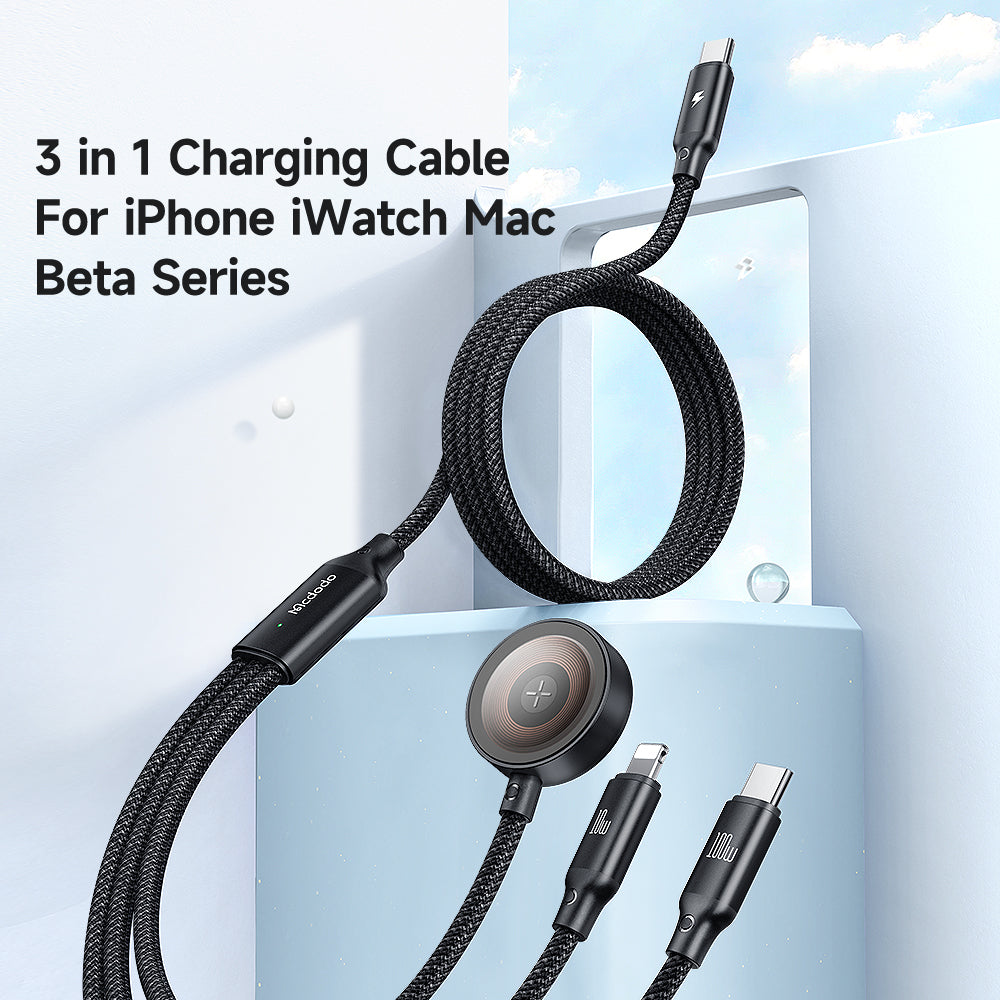 Mcdodo 3 in1 100W USB-C to Type-C and Lightning+ Wireless Charger for Apple Watch Cable 1.2m