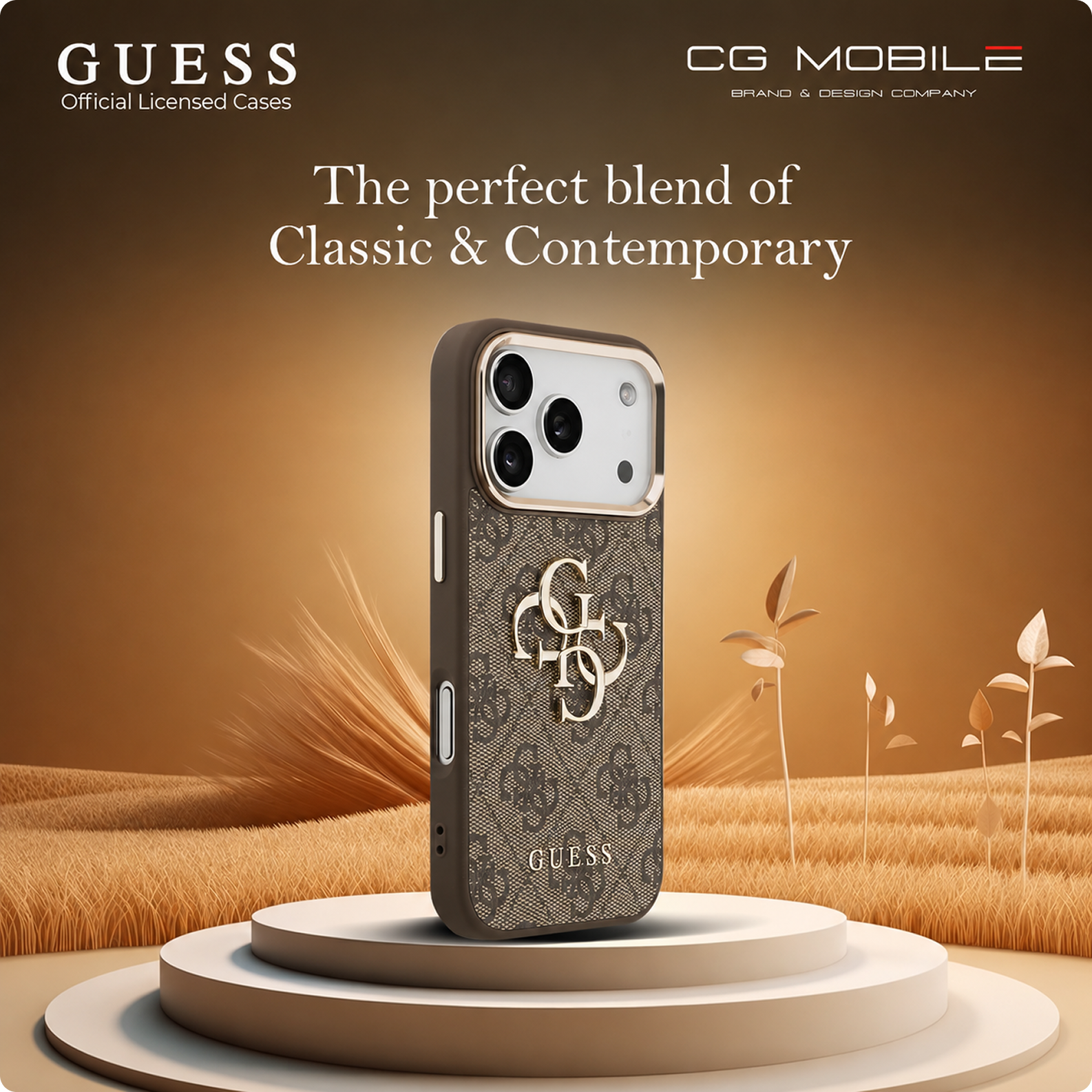 CG MOBILE Guess [Official Licensed] Protective Case Designed for iPhone 17 Pro | 4G Pu Leather Case with Big 4G & Classic Logo & Gold Metal Camera Frame - Brown