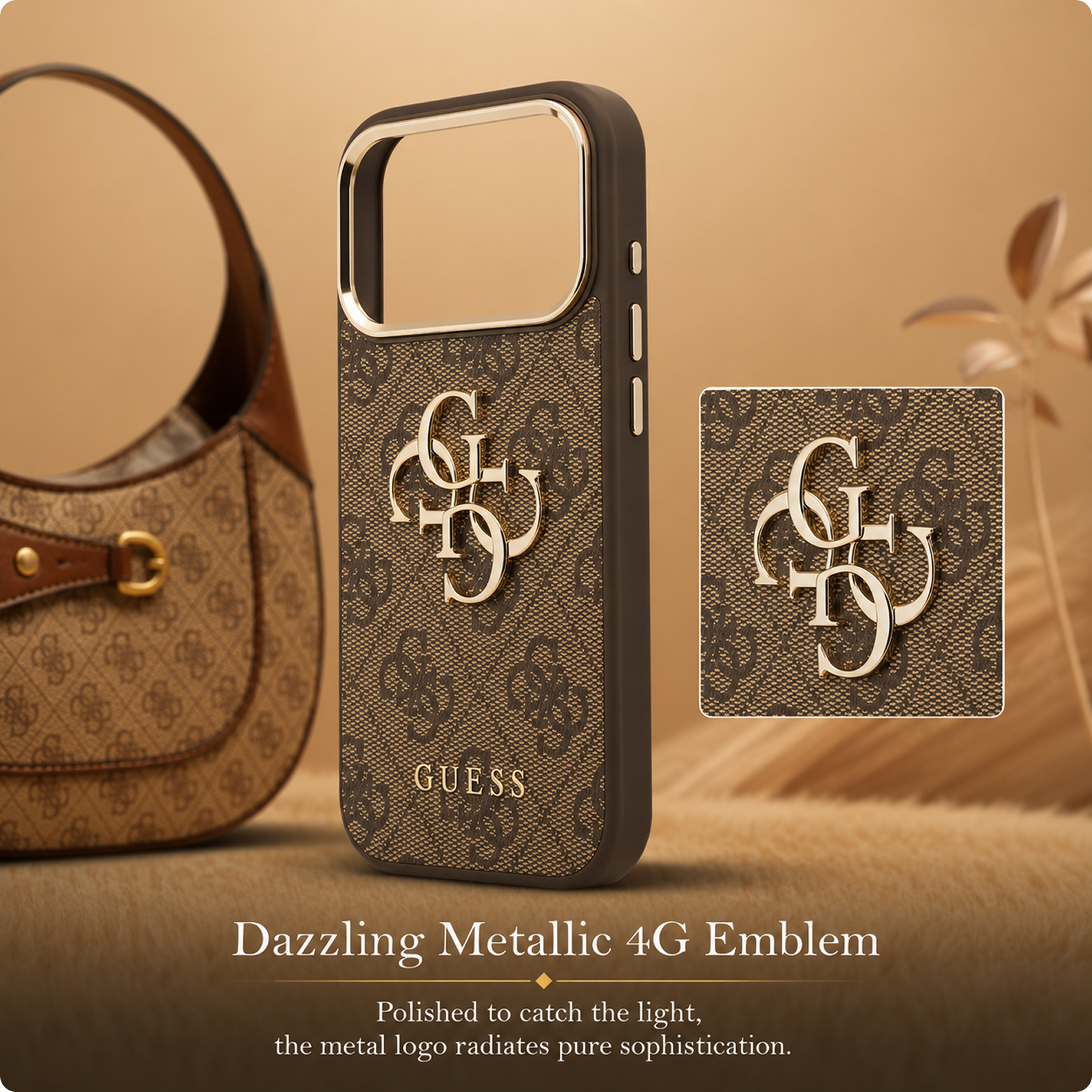CG MOBILE Guess [Official Licensed] Protective Case Designed for iPhone 17 Pro | 4G Pu Leather Case with Big 4G & Classic Logo & Gold Metal Camera Frame - Brown