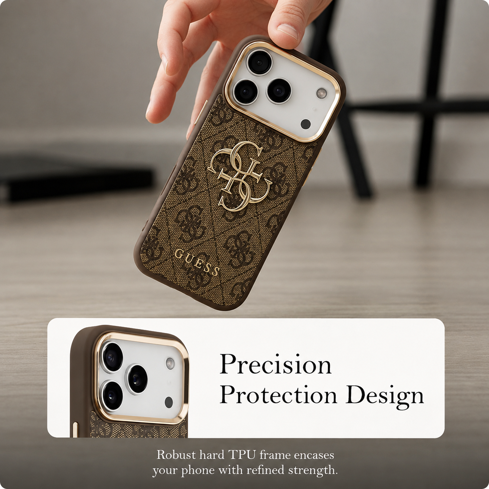 CG MOBILE Guess [Official Licensed] Protective Case Designed for iPhone 17 Pro | 4G Pu Leather Case with Big 4G & Classic Logo & Gold Metal Camera Frame - Brown