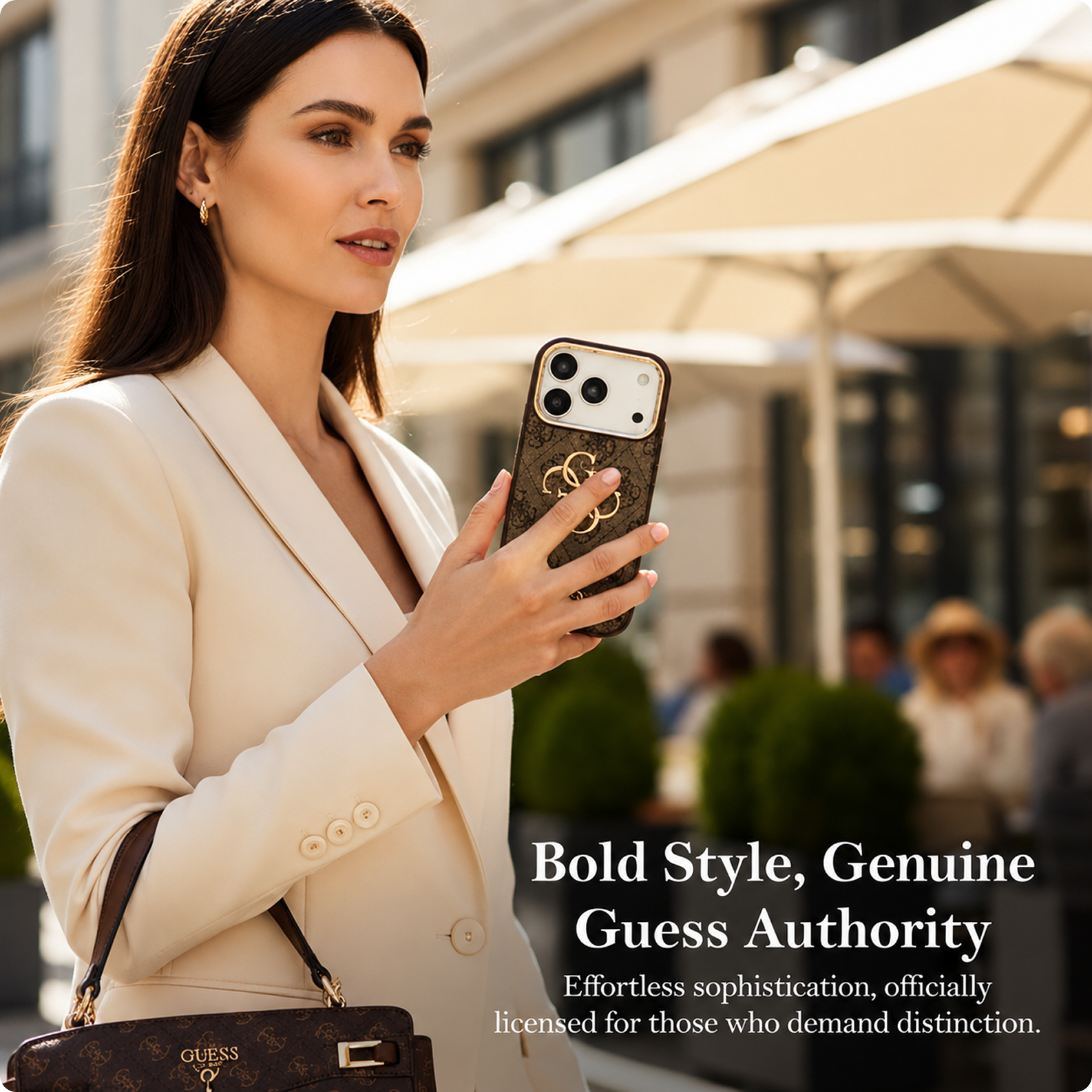 CG MOBILE Guess [Official Licensed] Protective Case Designed for iPhone 17 Pro | 4G Pu Leather Case with Big 4G & Classic Logo & Gold Metal Camera Frame - Brown