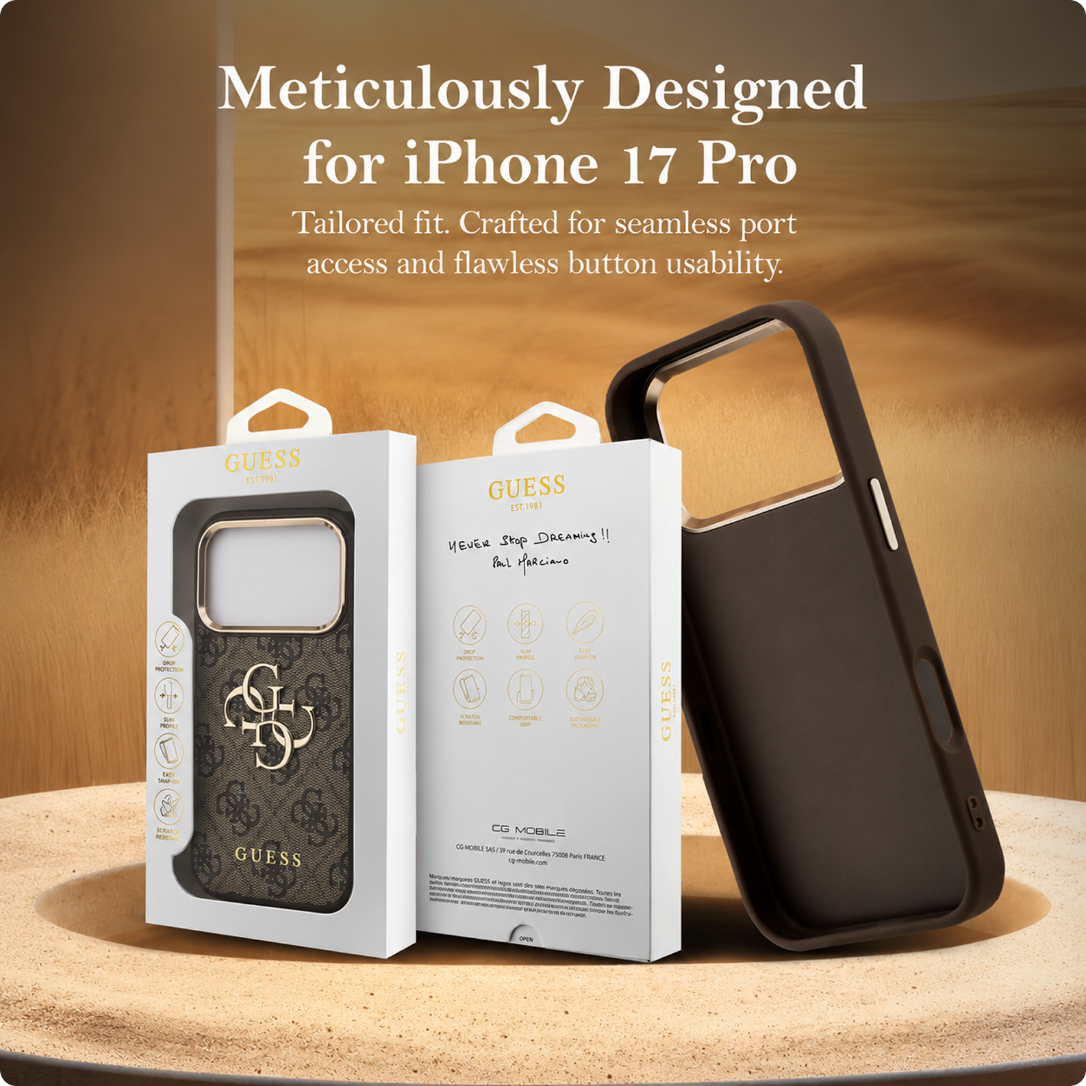 CG MOBILE Guess [Official Licensed] Protective Case Designed for iPhone 17 Pro | 4G Pu Leather Case with Big 4G & Classic Logo & Gold Metal Camera Frame - Brown