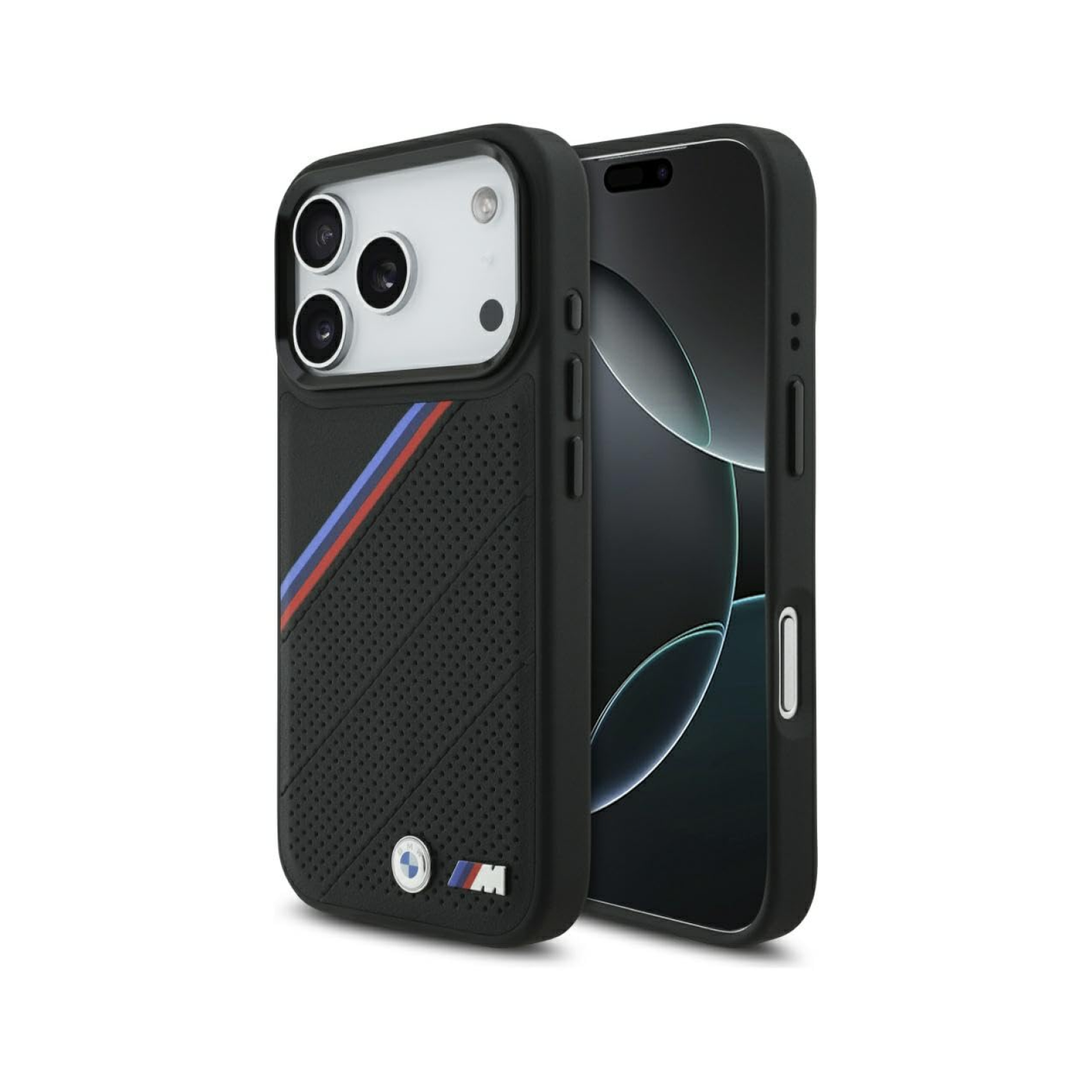 CG MOBILE BMW [Official Licensed] Protective Case Designed for iPhone 17 Pro |Magnetic Compatible|M Collection|Pu Leather Tricolor Slanted Stripes & Metal Logos -Black