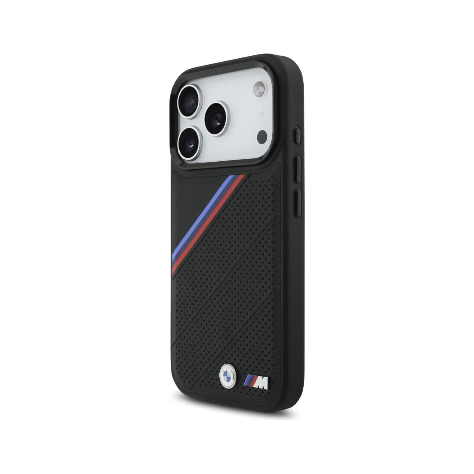 CG MOBILE BMW [Official Licensed] Protective Case Designed for iPhone 17 Pro |Magnetic Compatible|M Collection|Pu Leather Tricolor Slanted Stripes & Metal Logos -Black