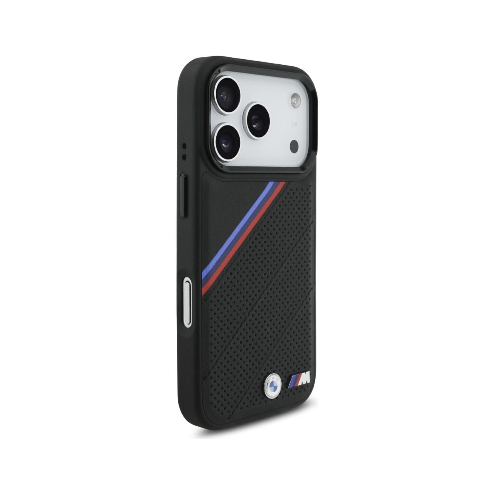 CG MOBILE BMW [Official Licensed] Protective Case Designed for iPhone 17 Pro |Magnetic Compatible|M Collection|Pu Leather Tricolor Slanted Stripes & Metal Logos -Black