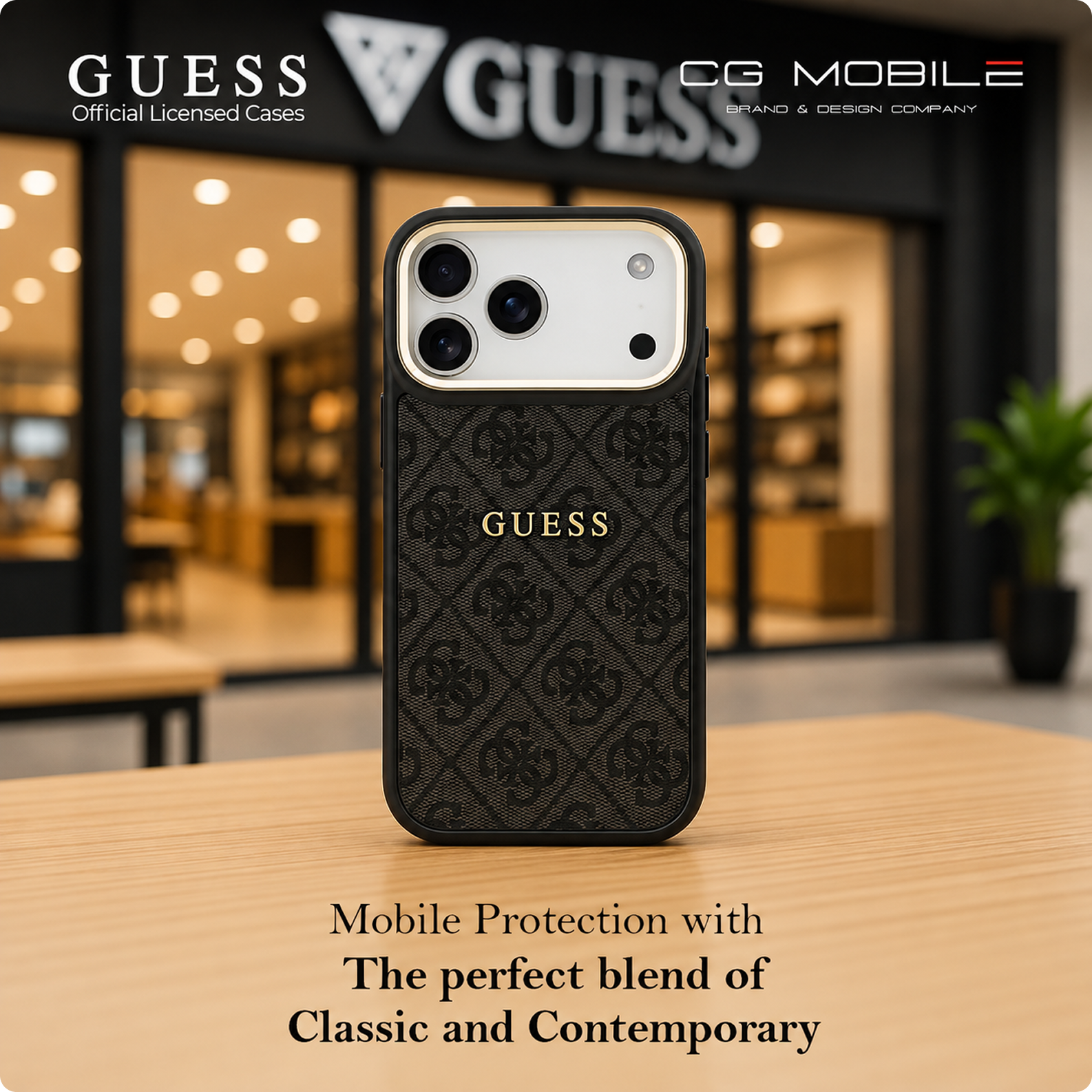 CG MOBILE Guess [Official Licensed] Protective Case Designed for iPhone 17 Pro |Magnetic Compatible|4G Pu Leather Case with Classic Logo & Gold Metal Camera Frame -Black