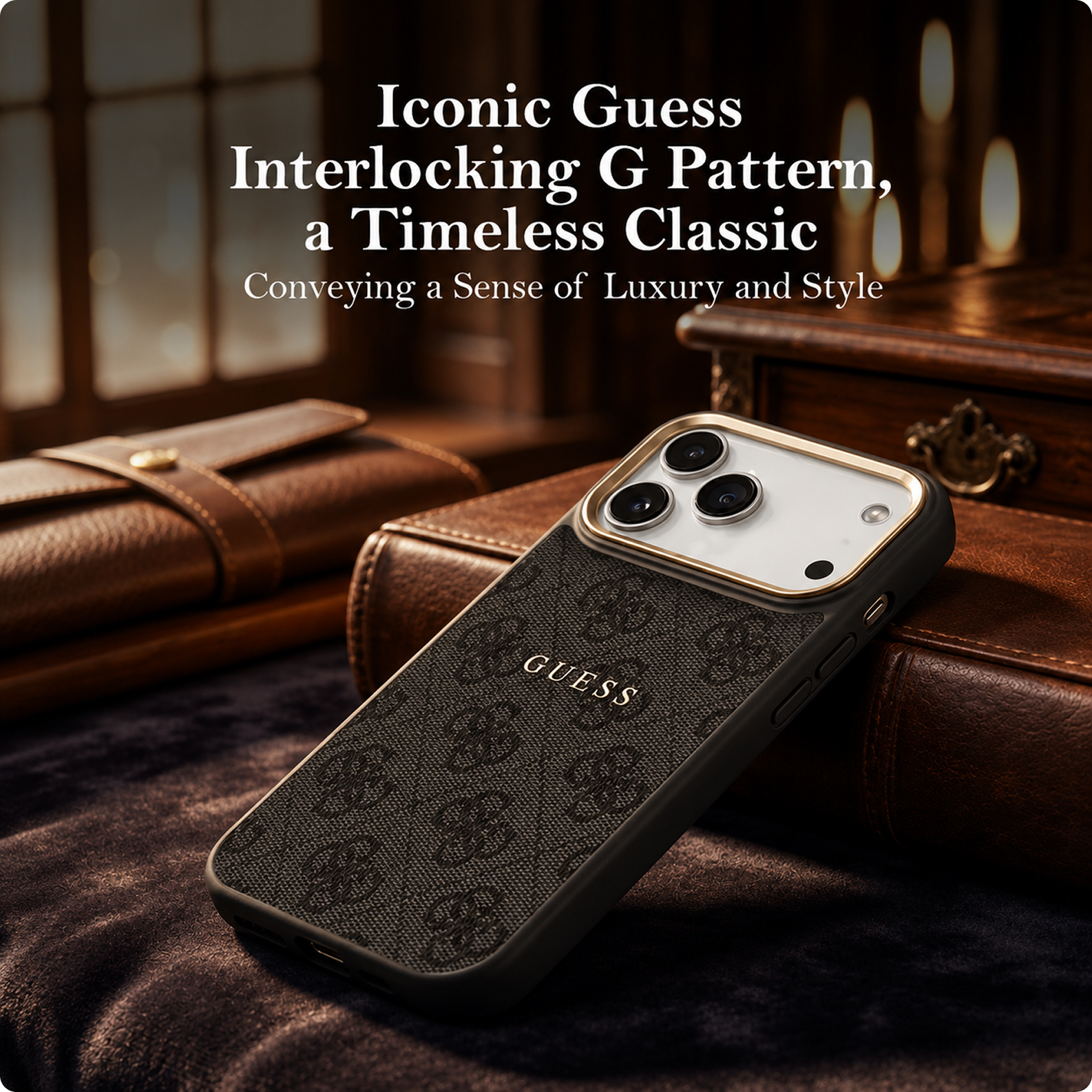 CG MOBILE Guess [Official Licensed] Protective Case Designed for iPhone 17 Pro |Magnetic Compatible|4G Pu Leather Case with Classic Logo & Gold Metal Camera Frame -Black