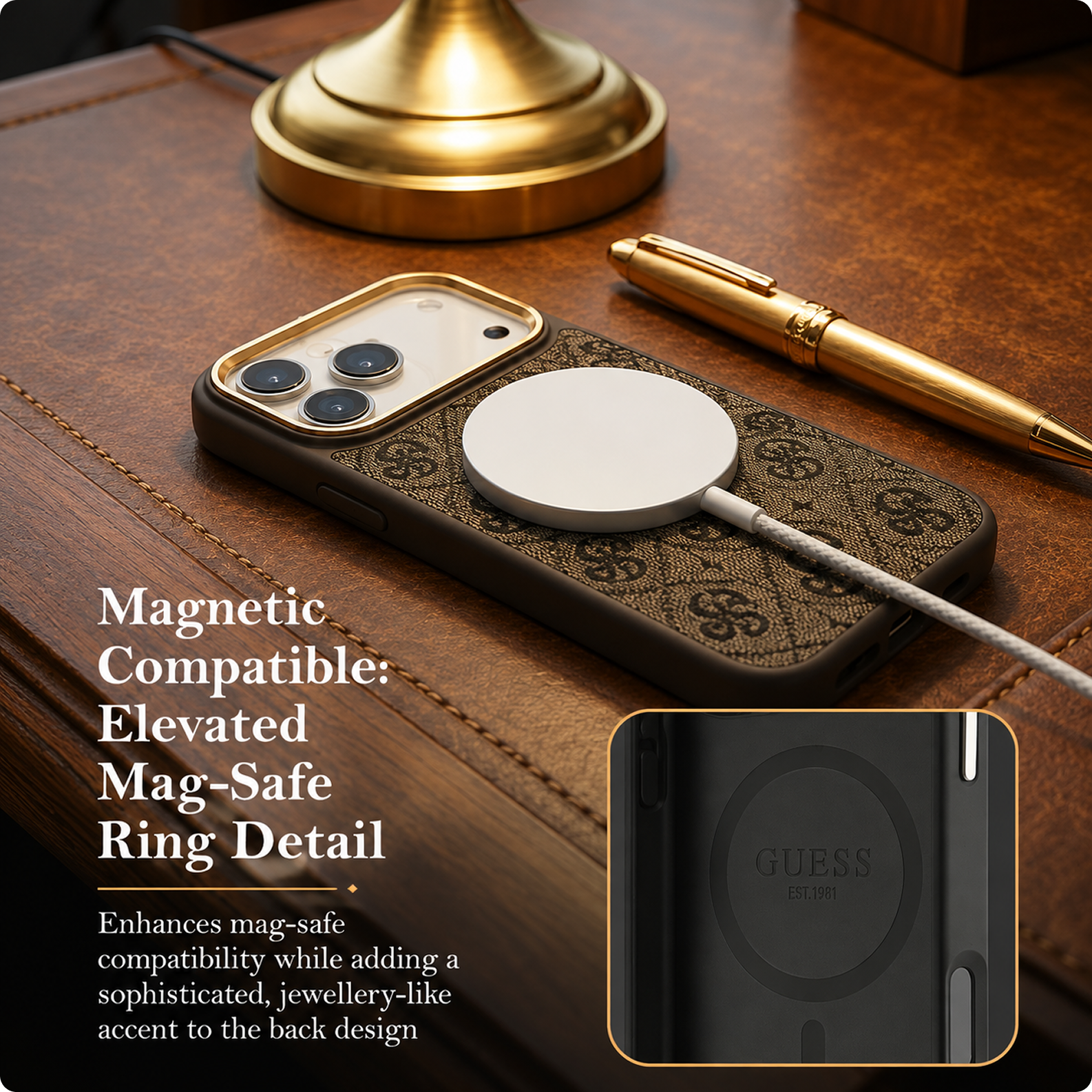 CG MOBILE Guess [Official Licensed] Protective Case Designed for iPhone 17 Pro |Magnetic Compatible|4G Pu Leather Case with Classic Logo & Gold Metal Camera Frame -Black