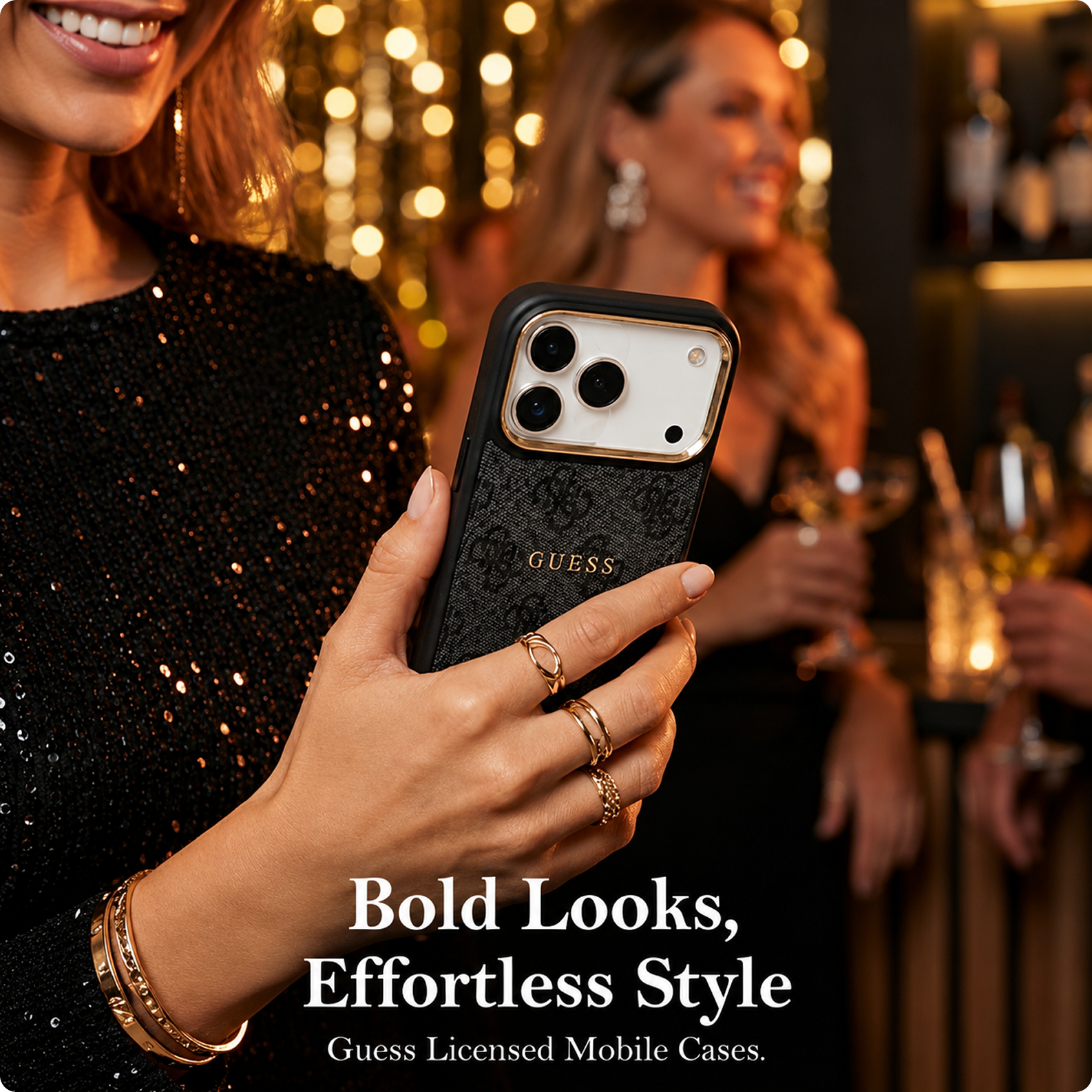 CG MOBILE Guess [Official Licensed] Protective Case Designed for iPhone 17 Pro |Magnetic Compatible|4G Pu Leather Case with Classic Logo & Gold Metal Camera Frame -Black
