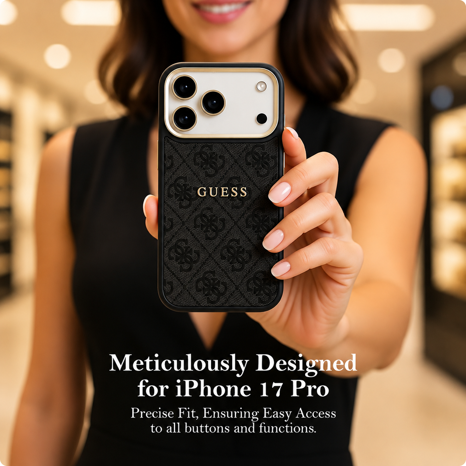CG MOBILE Guess [Official Licensed] Protective Case Designed for iPhone 17 Pro |Magnetic Compatible|4G Pu Leather Case with Classic Logo & Gold Metal Camera Frame -Black