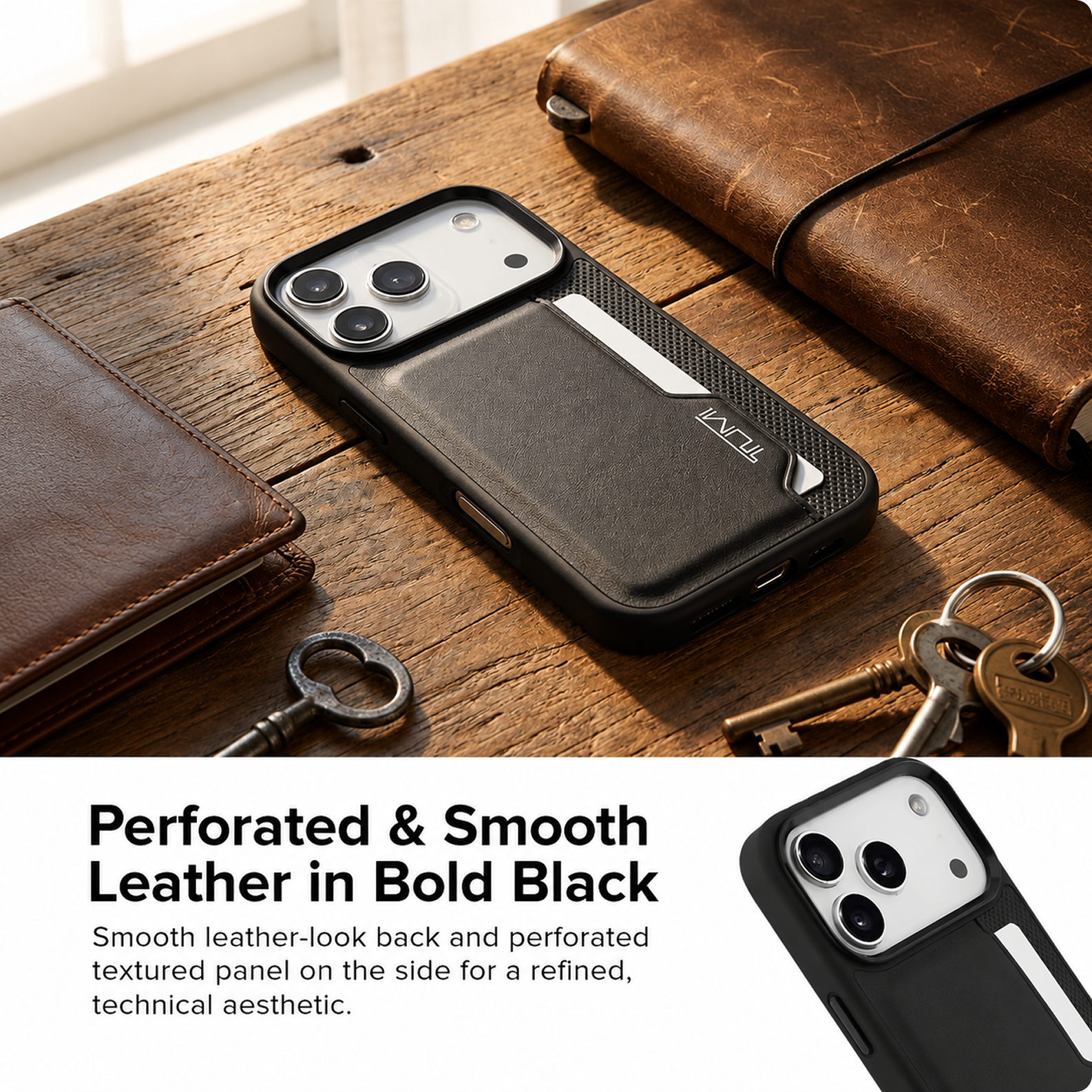 CG MOBILE TUMI [Official Licensed] Protective Case Designed for iPhone 17 Pro |Perforated Leather Hard Case with Vertical Card Slot -Black