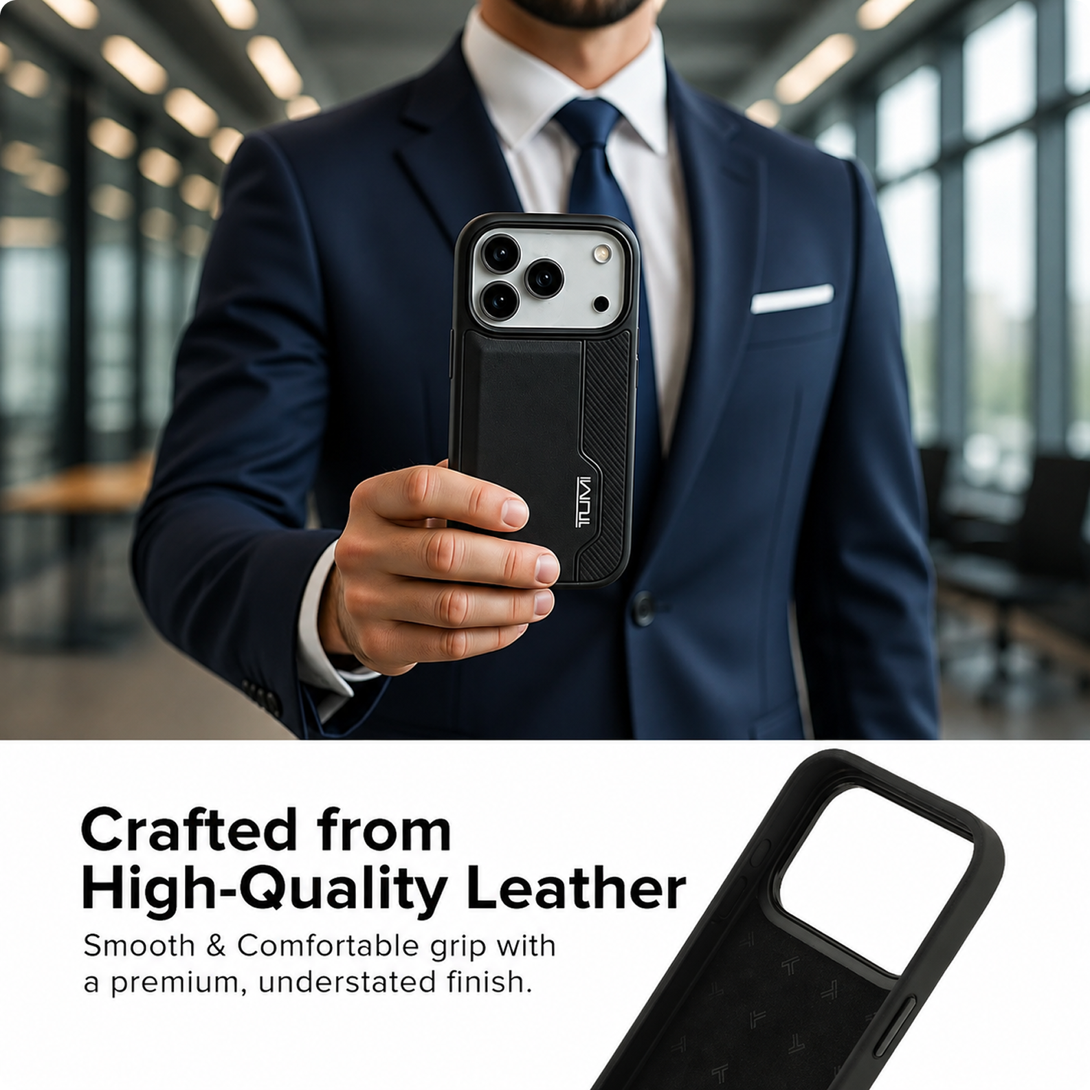 CG MOBILE TUMI [Official Licensed] Protective Case Designed for iPhone 17 Pro |Perforated Leather Hard Case with Vertical Card Slot -Black