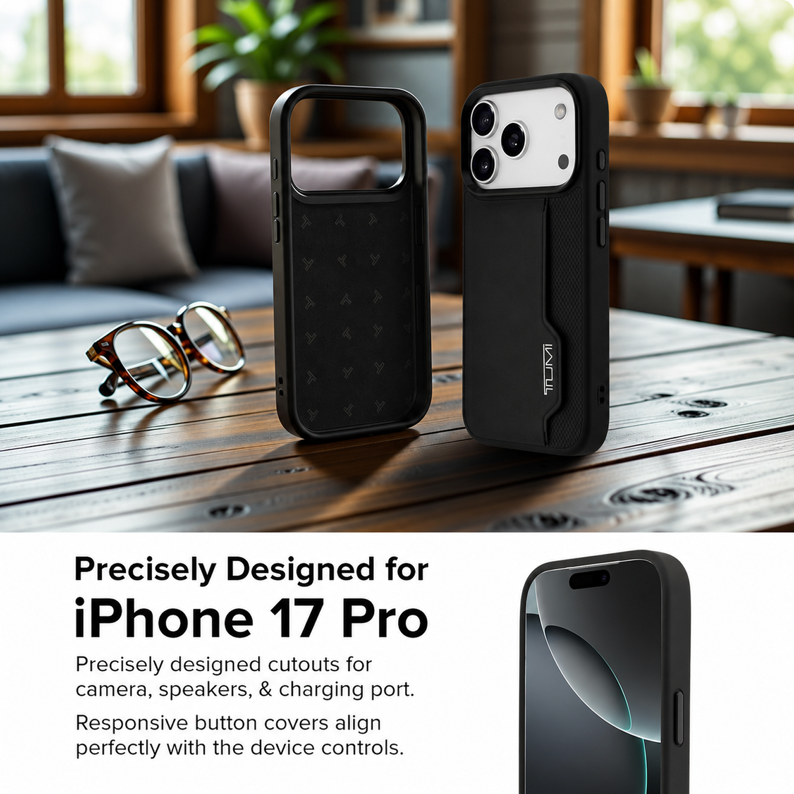 CG MOBILE TUMI [Official Licensed] Protective Case Designed for iPhone 17 Pro |Perforated Leather Hard Case with Vertical Card Slot -Black