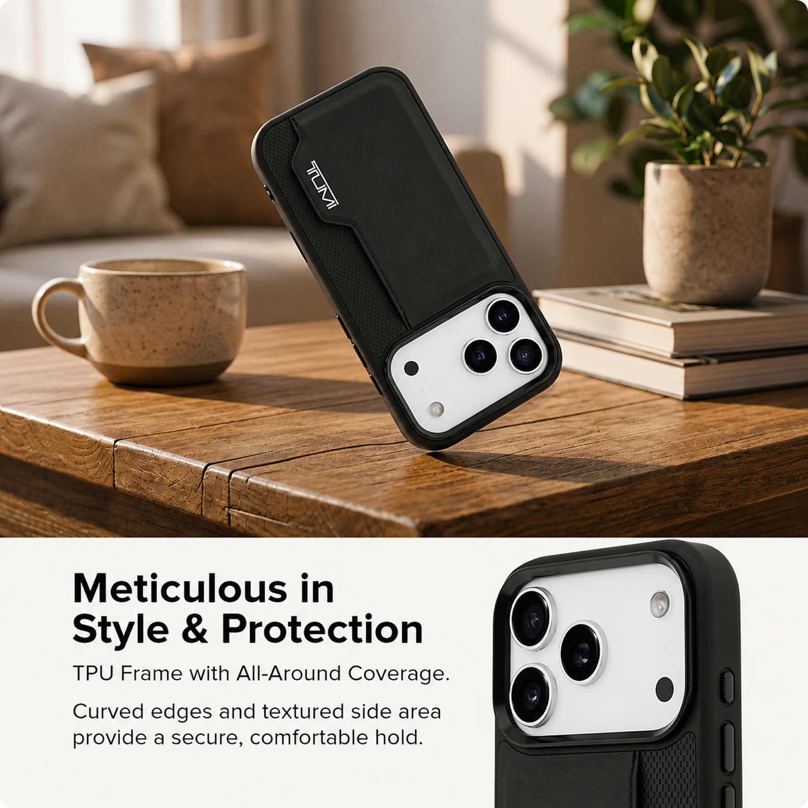 CG MOBILE TUMI [Official Licensed] Protective Case Designed for iPhone 17 Pro |Perforated Leather Hard Case with Vertical Card Slot -Black