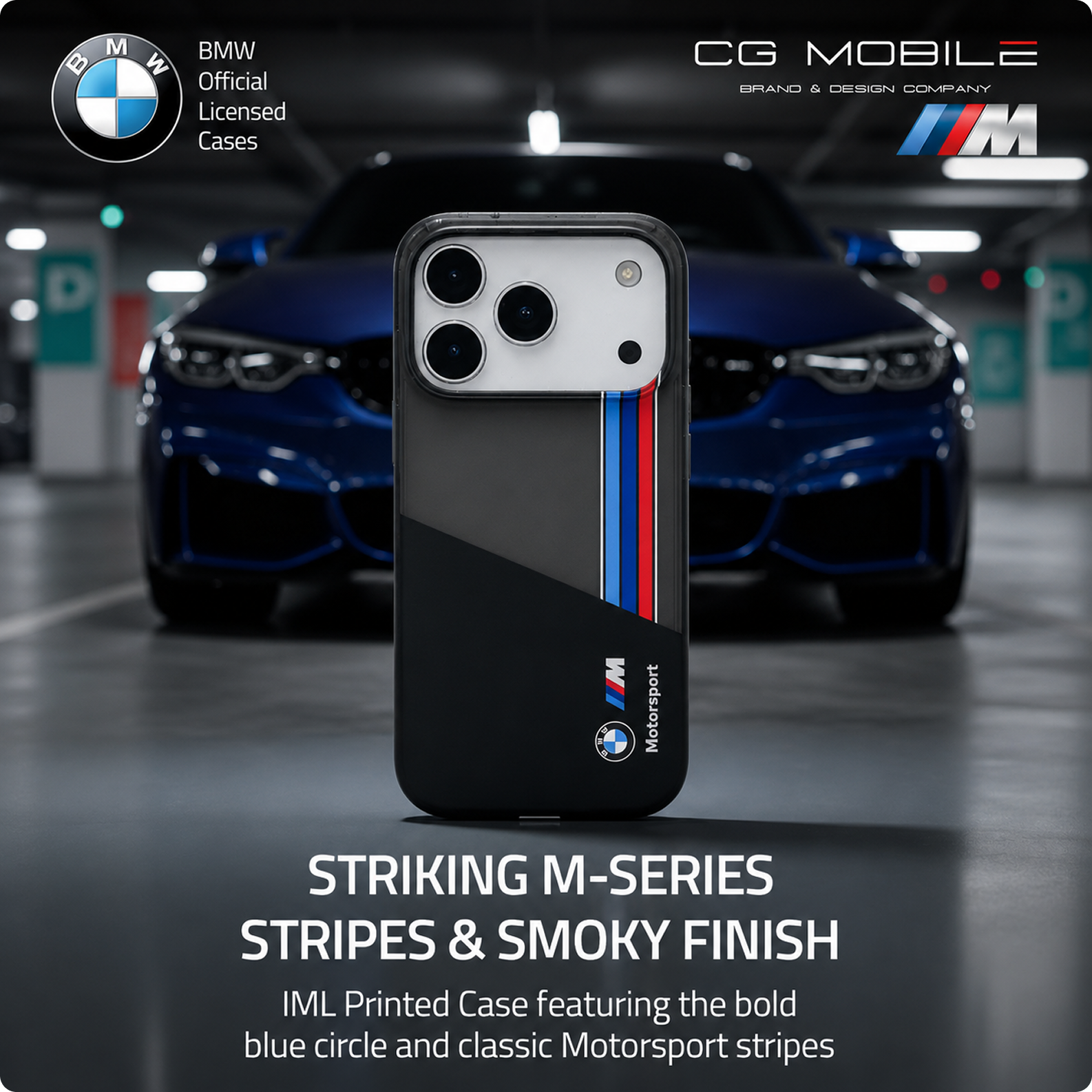 CG MOBILE BMW [Official Licensed] Protective Case Designed for iPhone 17 Pro |Motorsport Collection|IML Printed Case with Vertical Stripes - Black