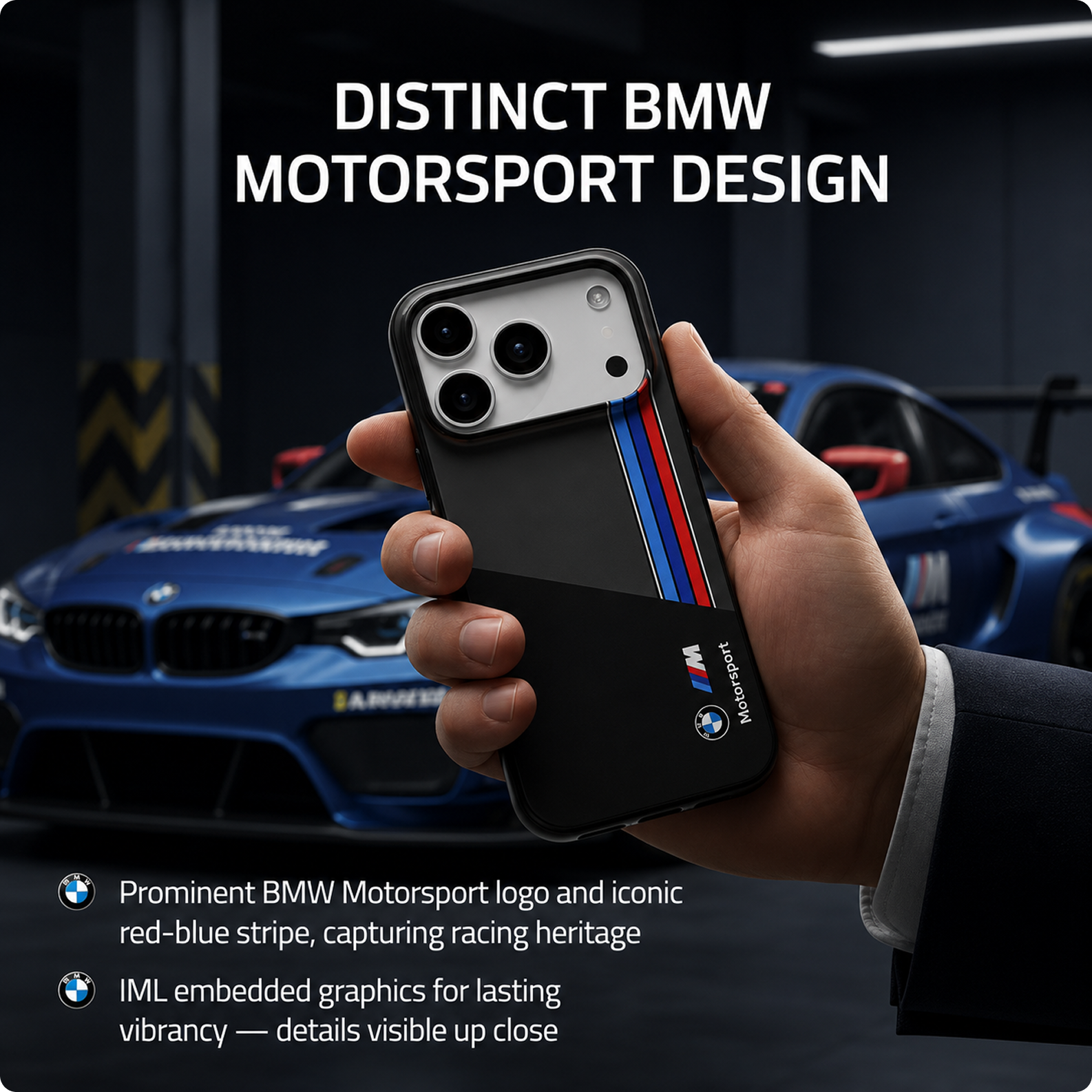 CG MOBILE BMW [Official Licensed] Protective Case Designed for iPhone 17 Pro |Motorsport Collection|IML Printed Case with Vertical Stripes - Black