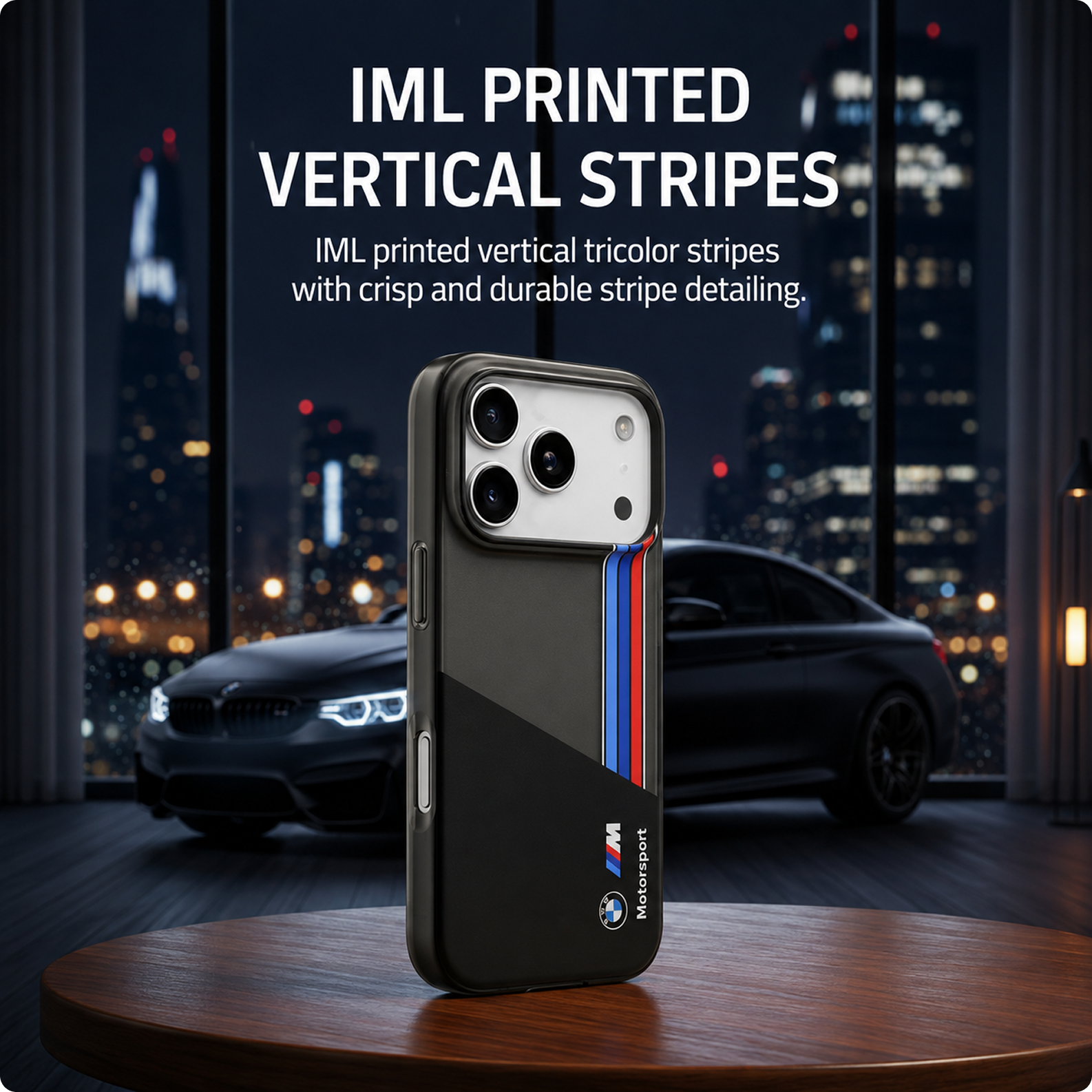 CG MOBILE BMW [Official Licensed] Protective Case Designed for iPhone 17 Pro |Motorsport Collection|IML Printed Case with Vertical Stripes - Black
