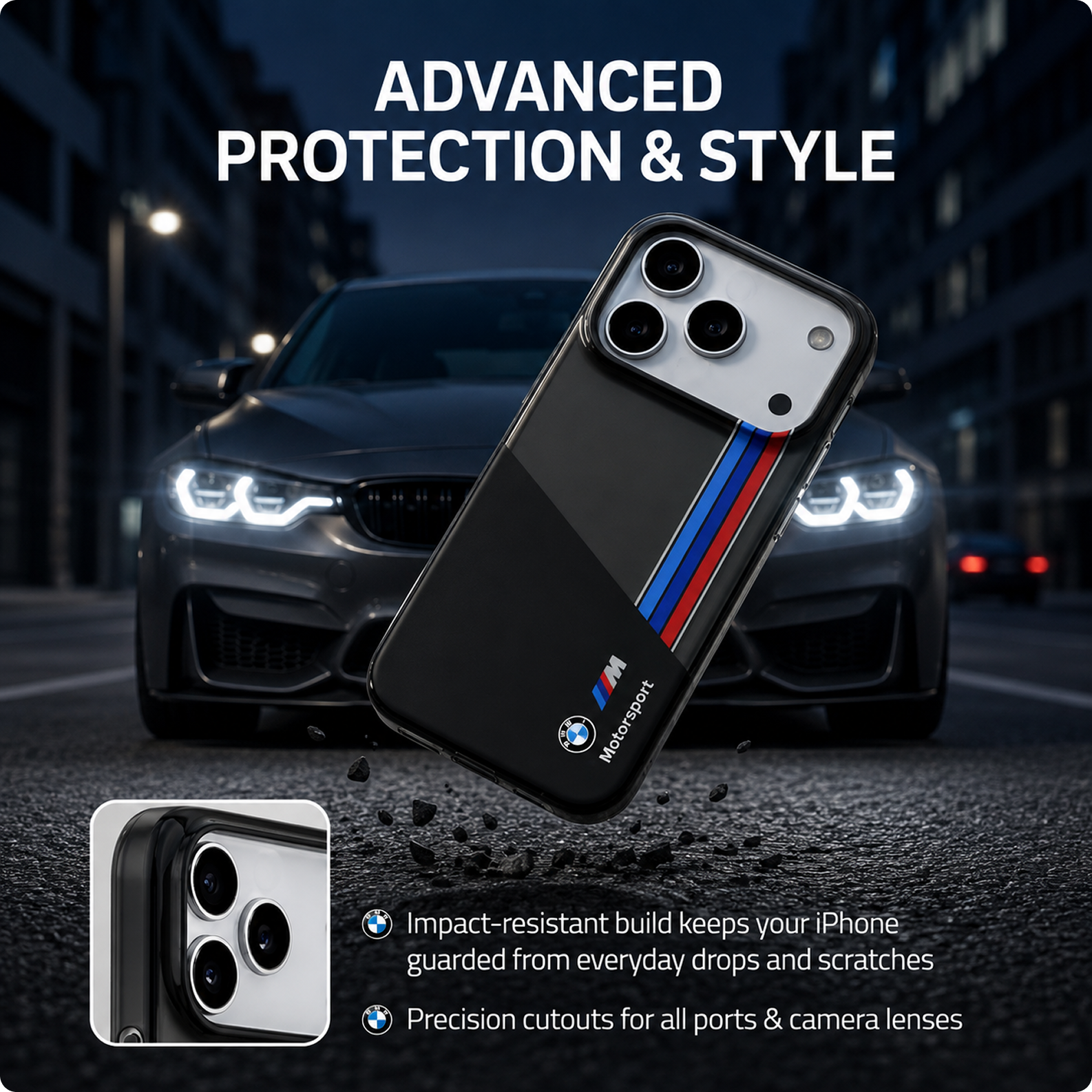 CG MOBILE BMW [Official Licensed] Protective Case Designed for iPhone 17 Pro |Motorsport Collection|IML Printed Case with Vertical Stripes - Black