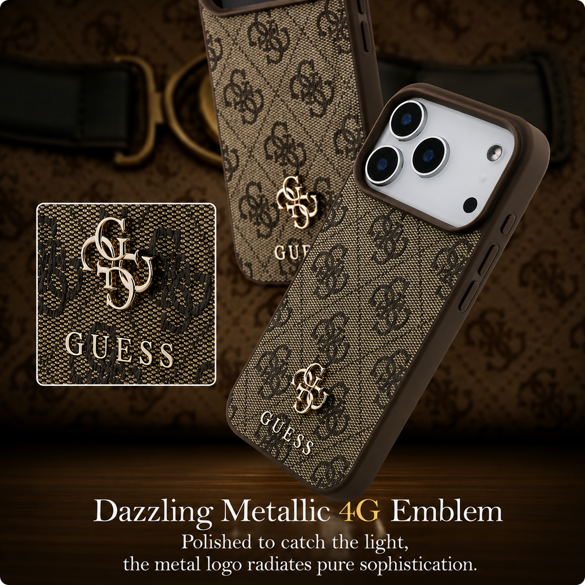 CG MOBILE Guess [Official Licensed] Protective Case Designed for iPhone 17 Pro Max |Magnetic Compatible|4G Pu Leather Case with Small 4G & Classic Metal Logos -Brown
