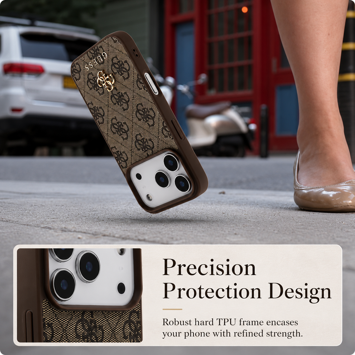 CG MOBILE Guess [Official Licensed] Protective Case Designed for iPhone 17 Pro Max |Magnetic Compatible|4G Pu Leather Case with Small 4G & Classic Metal Logos -Brown