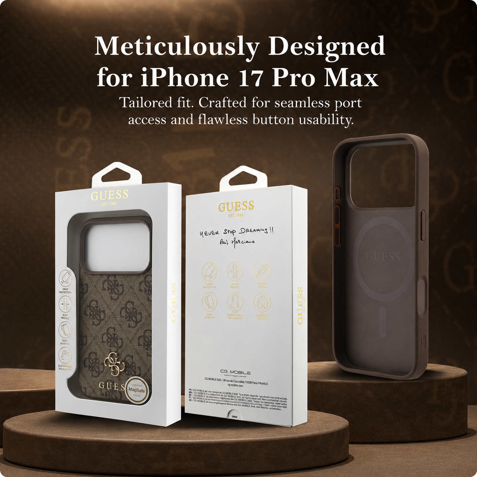 CG MOBILE Guess [Official Licensed] Protective Case Designed for iPhone 17 Pro Max |Magnetic Compatible|4G Pu Leather Case with Small 4G & Classic Metal Logos -Brown