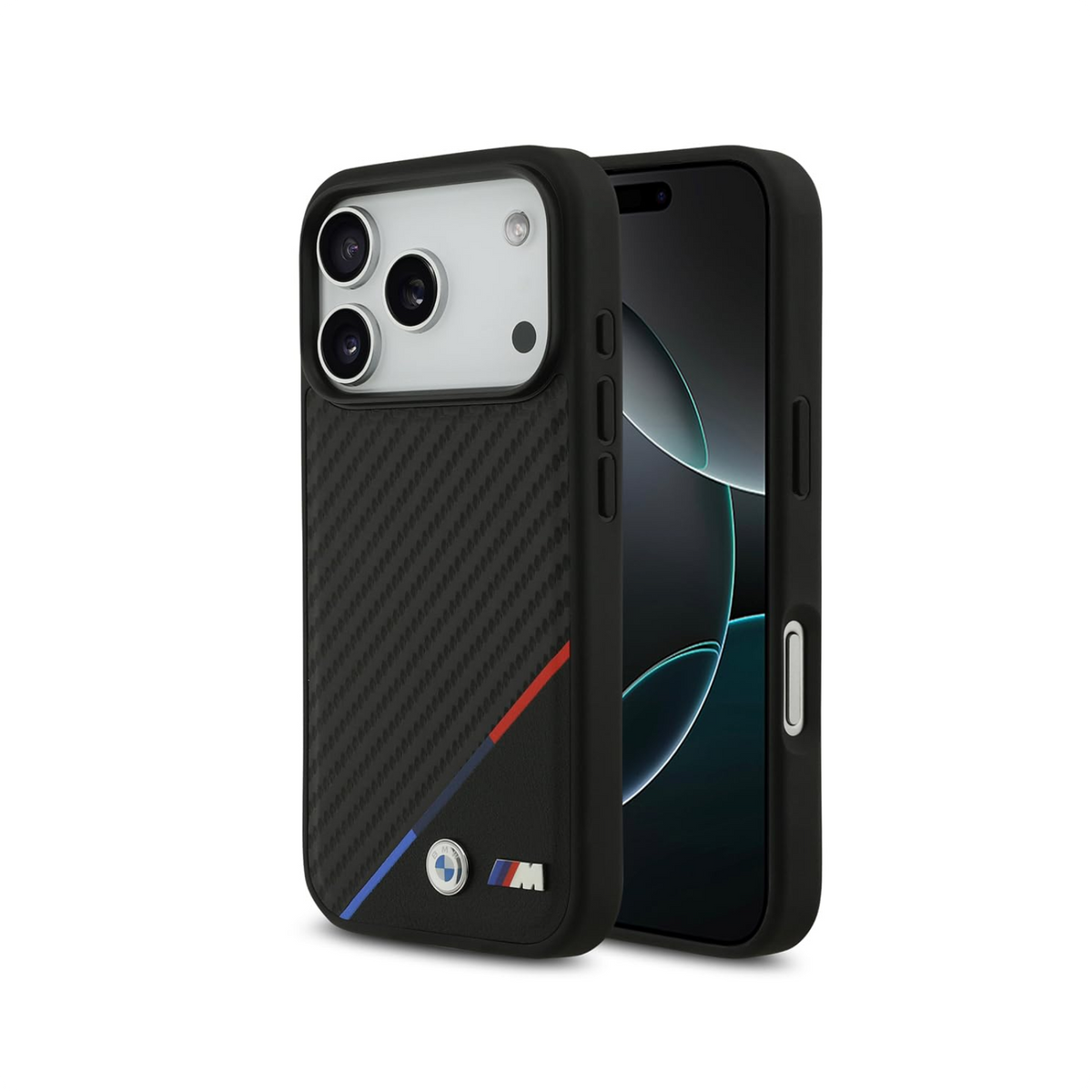 CG MOBILE BMW [Official Licensed] Protective Case Designed for iPhone 17 Pro Max |Magnetic Compatible|M Collection|Pu Leather Case Carbon & Tricolor Stripe with Metal Logos -Black