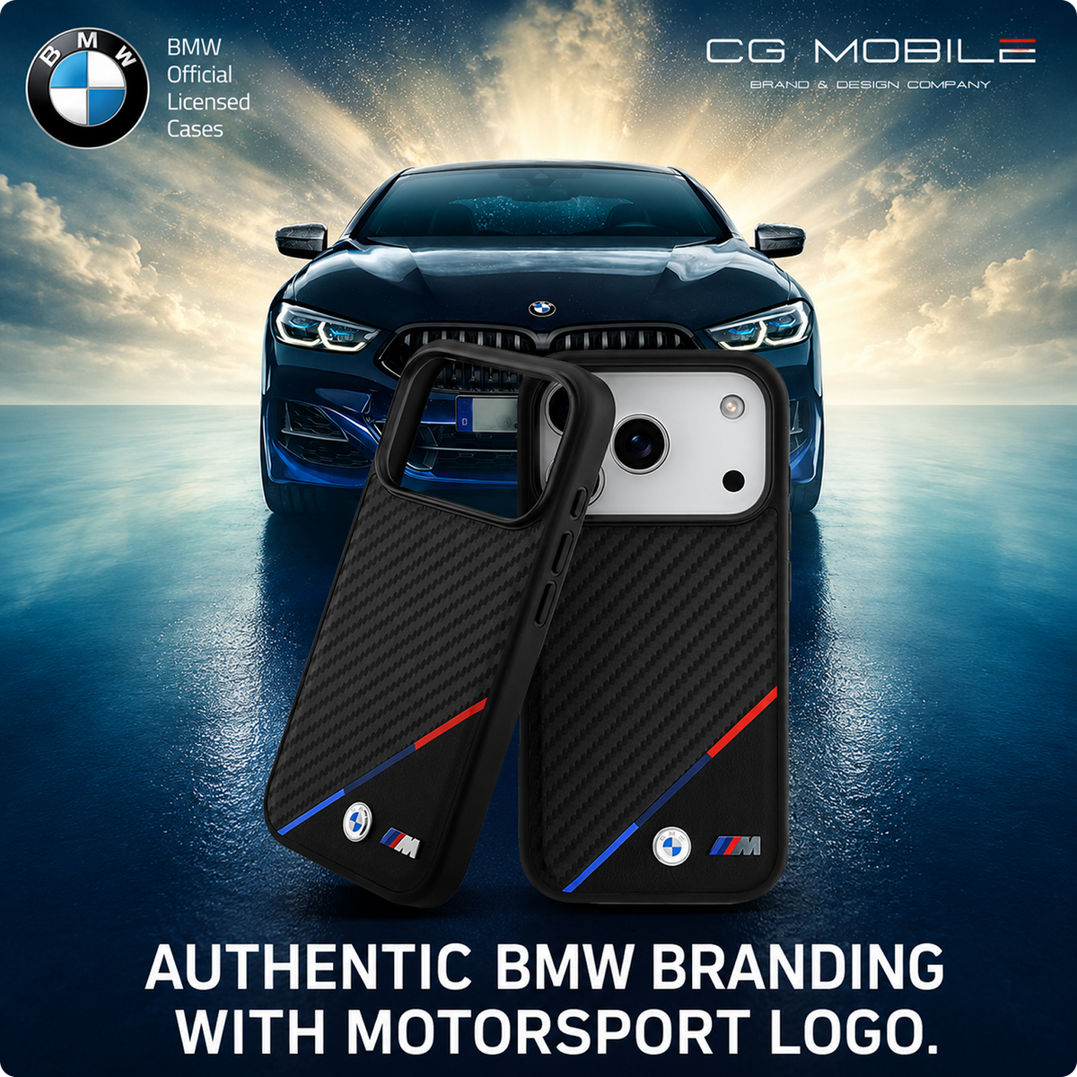 CG MOBILE BMW [Official Licensed] Protective Case Designed for iPhone 17 Pro Max |Magnetic Compatible|M Collection|Pu Leather Case Carbon & Tricolor Stripe with Metal Logos -Black