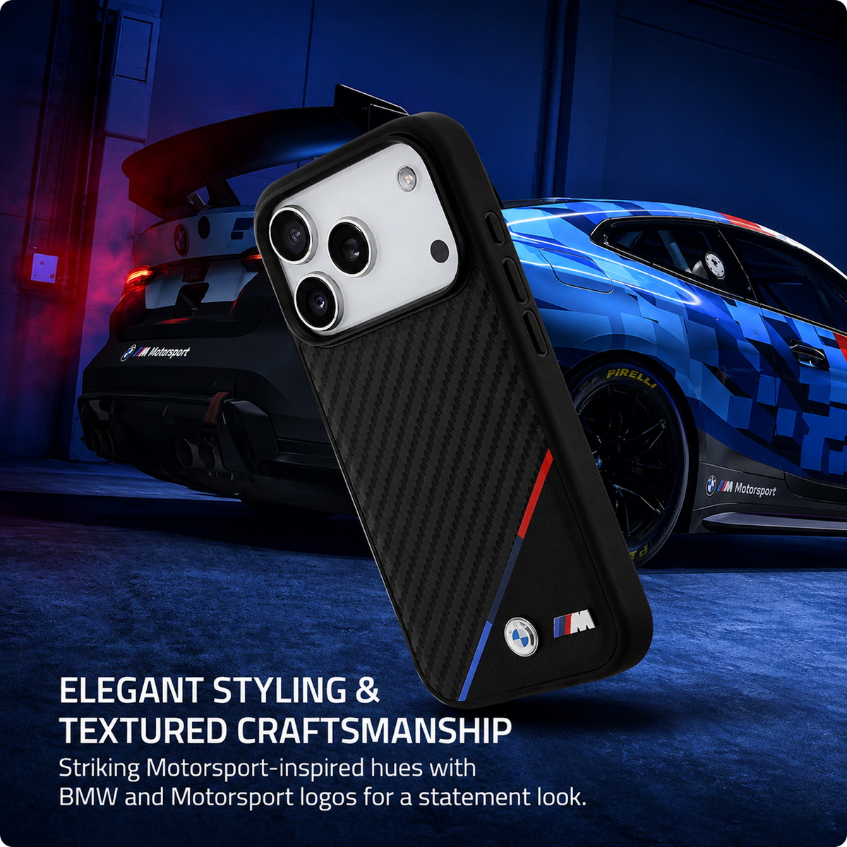 CG MOBILE BMW [Official Licensed] Protective Case Designed for iPhone 17 Pro Max |Magnetic Compatible|M Collection|Pu Leather Case Carbon & Tricolor Stripe with Metal Logos -Black