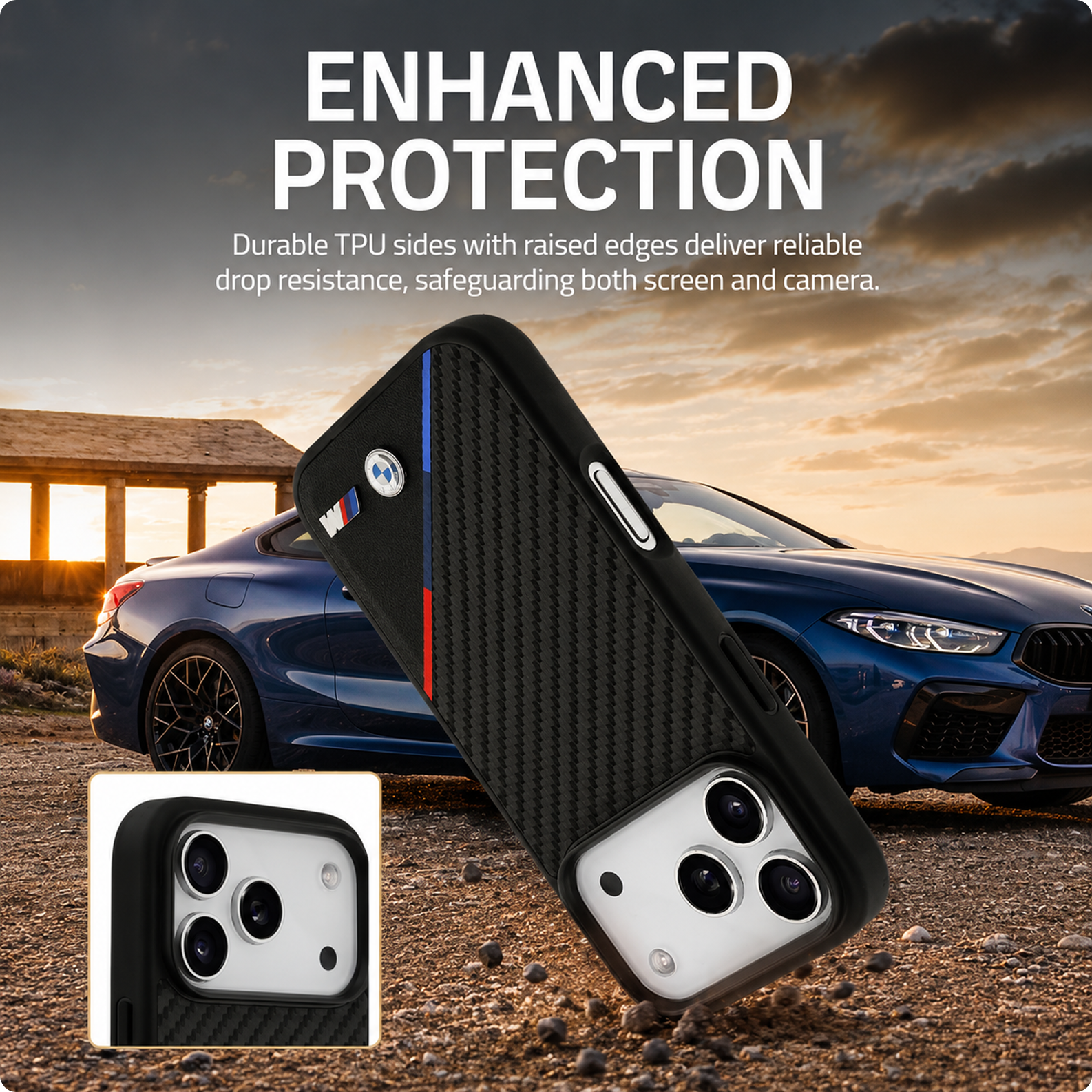 CG MOBILE BMW [Official Licensed] Protective Case Designed for iPhone 17 Pro Max |Magnetic Compatible|M Collection|Pu Leather Case Carbon & Tricolor Stripe with Metal Logos -Black