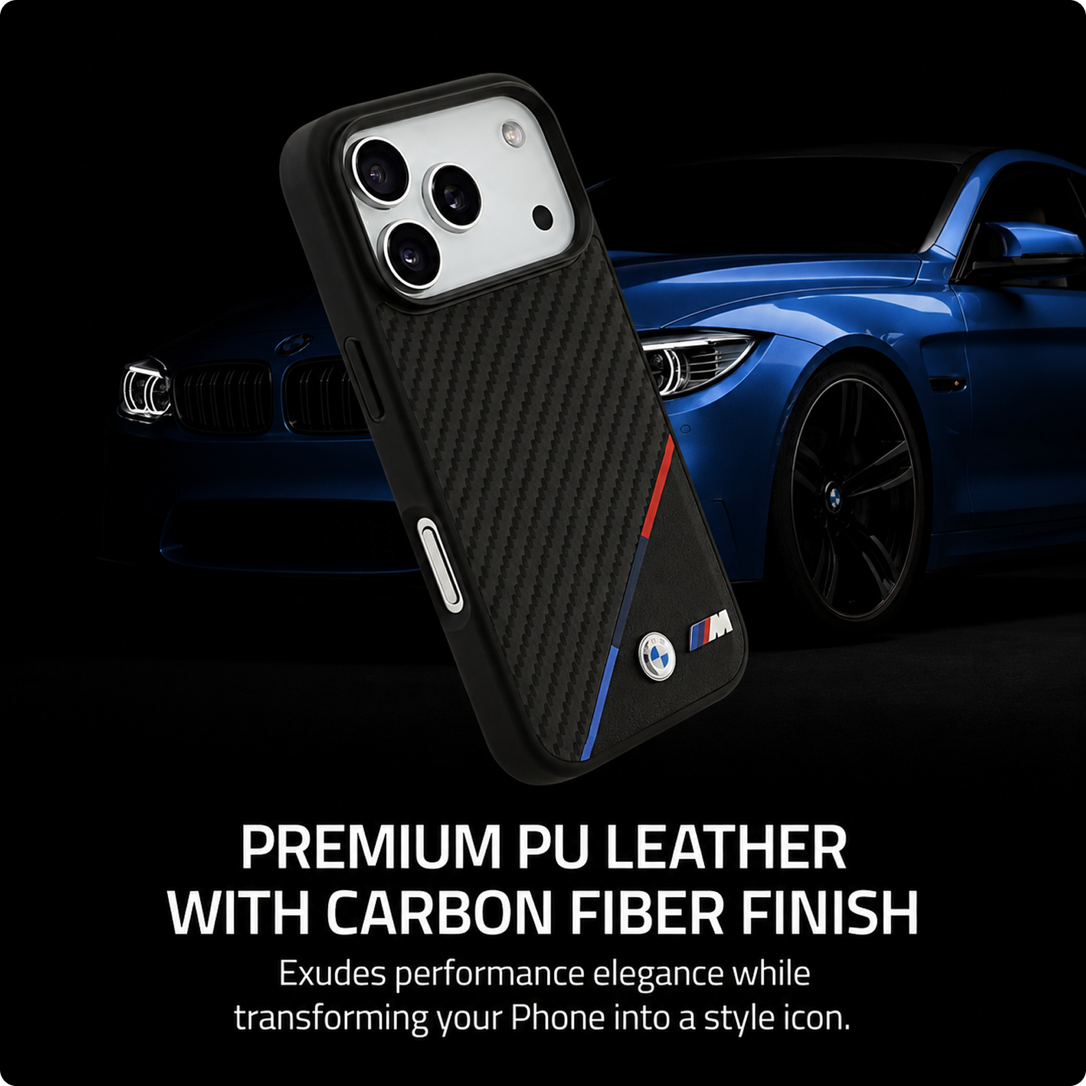 CG MOBILE BMW [Official Licensed] Protective Case Designed for iPhone 17 Pro Max |Magnetic Compatible|M Collection|Pu Leather Case Carbon & Tricolor Stripe with Metal Logos -Black