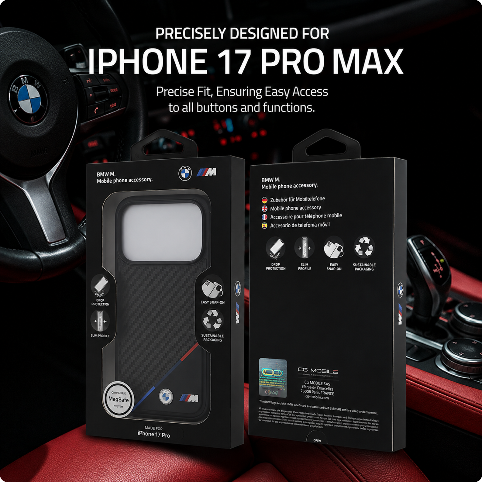 CG MOBILE BMW [Official Licensed] Protective Case Designed for iPhone 17 Pro Max |Magnetic Compatible|M Collection|Pu Leather Case Carbon & Tricolor Stripe with Metal Logos -Black