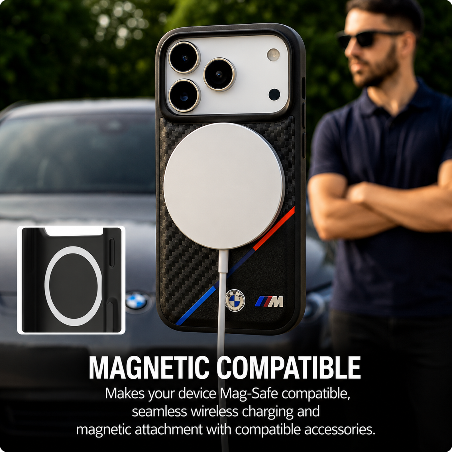 CG MOBILE BMW [Official Licensed] Protective Case Designed for iPhone 17 Pro Max |Magnetic Compatible|M Collection|Pu Leather Case Carbon & Tricolor Stripe with Metal Logos -Black