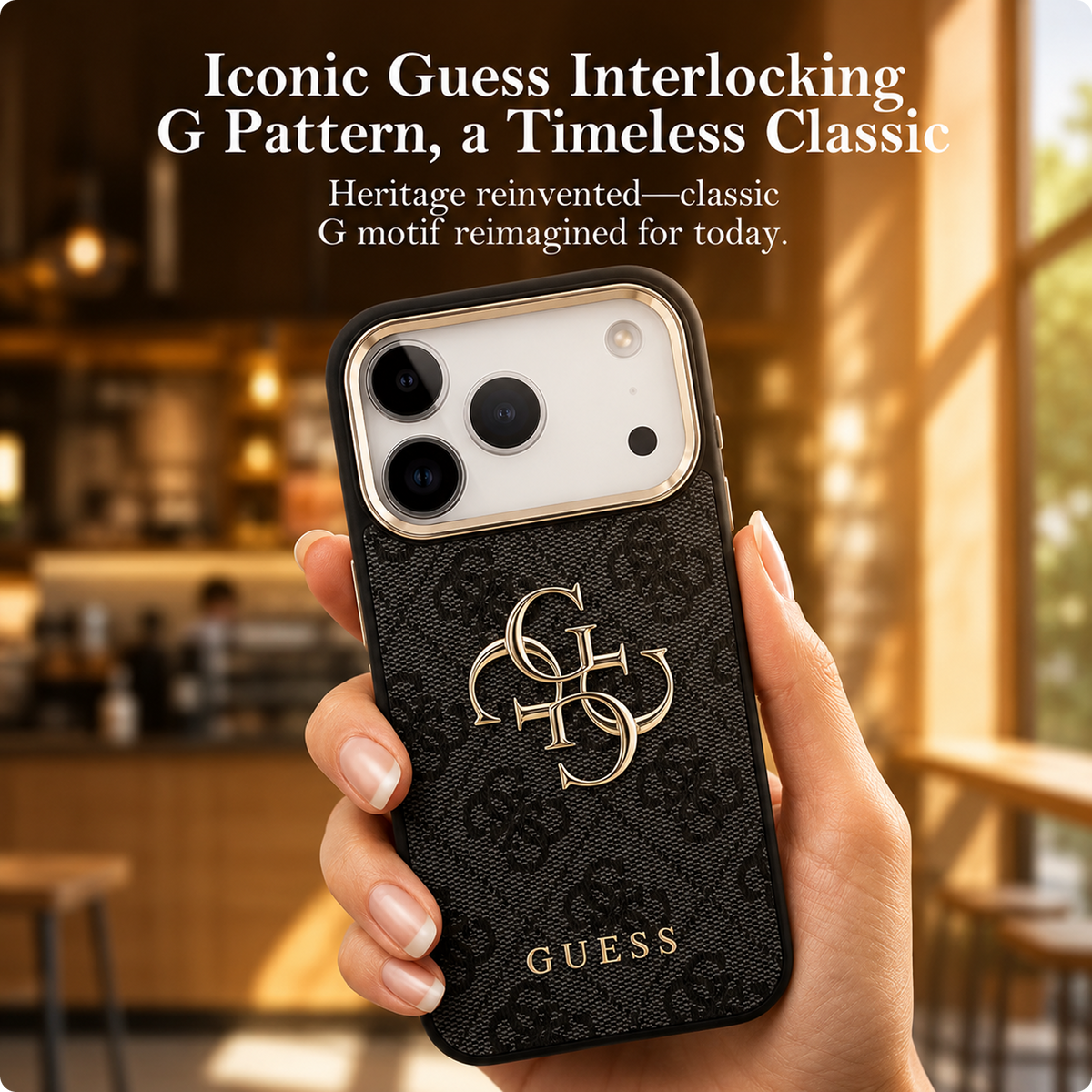 CG MOBILE Guess [Official Licensed] Protective Case Designed for iPhone 17 Pro Max | 4G Pu Leather Case with Big 4G & Classic Logo & Gold Metal Camera Frame -Black