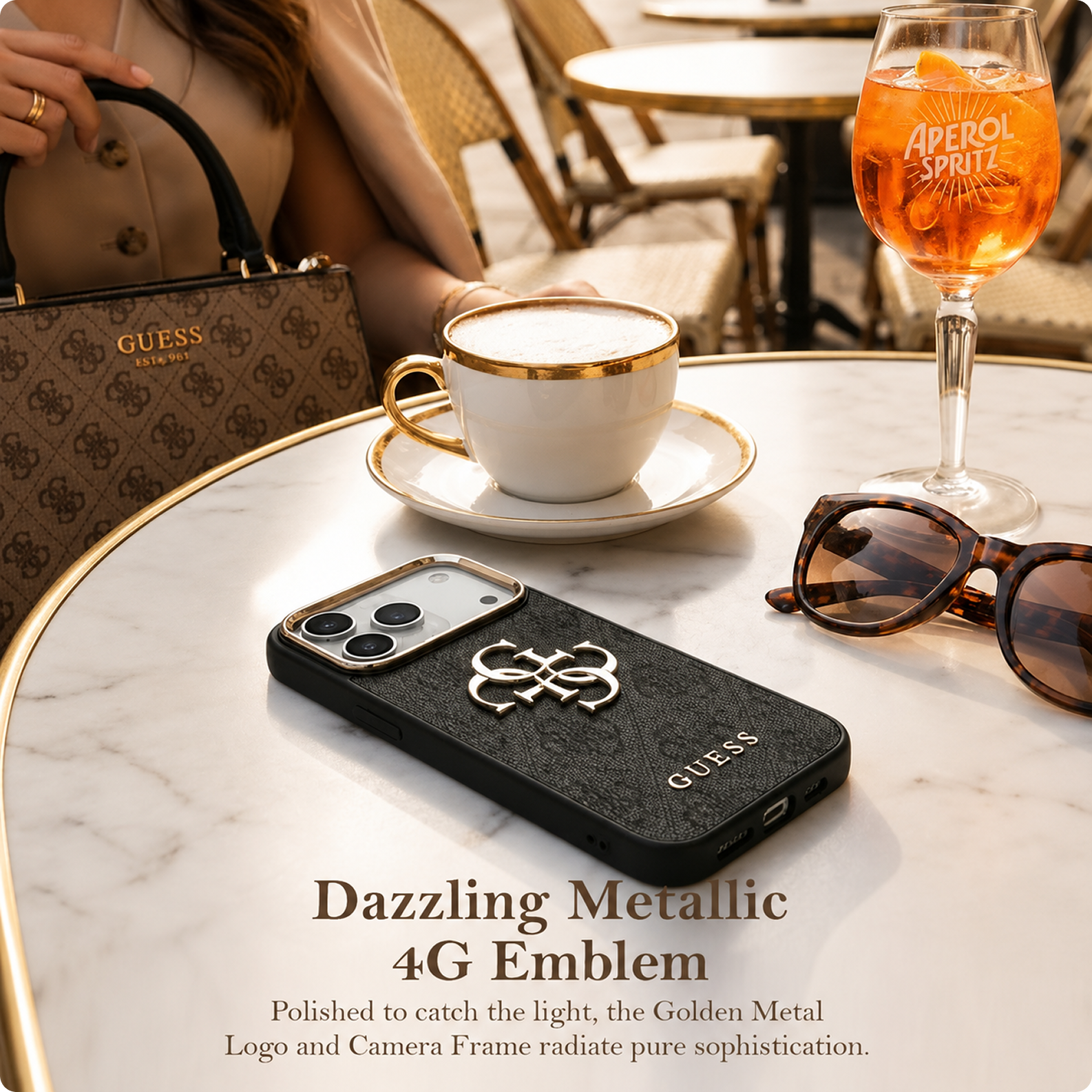 CG MOBILE Guess [Official Licensed] Protective Case Designed for iPhone 17 Pro Max | 4G Pu Leather Case with Big 4G & Classic Logo & Gold Metal Camera Frame -Black