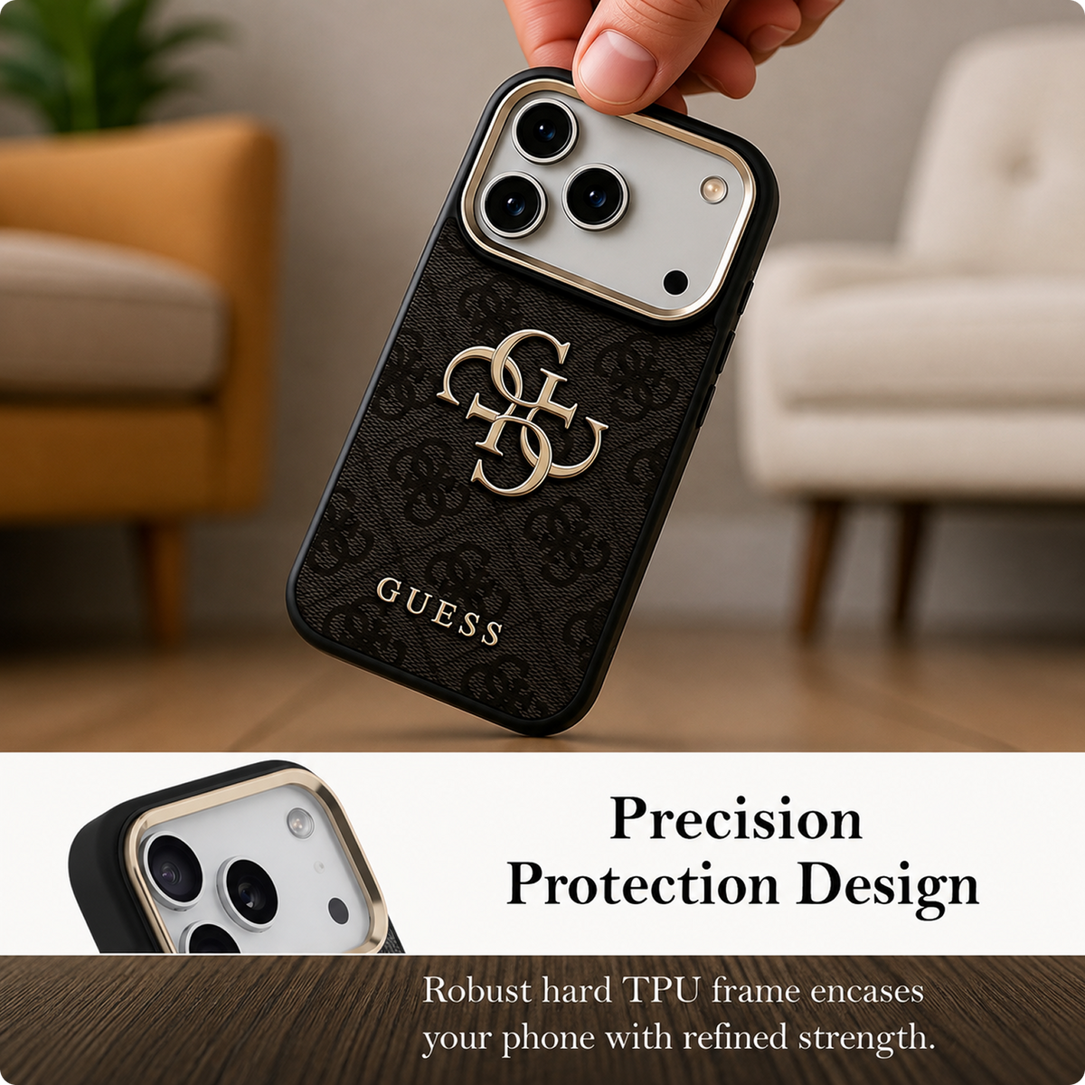 CG MOBILE Guess [Official Licensed] Protective Case Designed for iPhone 17 Pro Max | 4G Pu Leather Case with Big 4G & Classic Logo & Gold Metal Camera Frame -Black