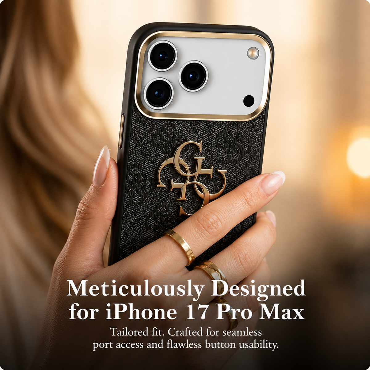 CG MOBILE Guess [Official Licensed] Protective Case Designed for iPhone 17 Pro Max | 4G Pu Leather Case with Big 4G & Classic Logo & Gold Metal Camera Frame -Black