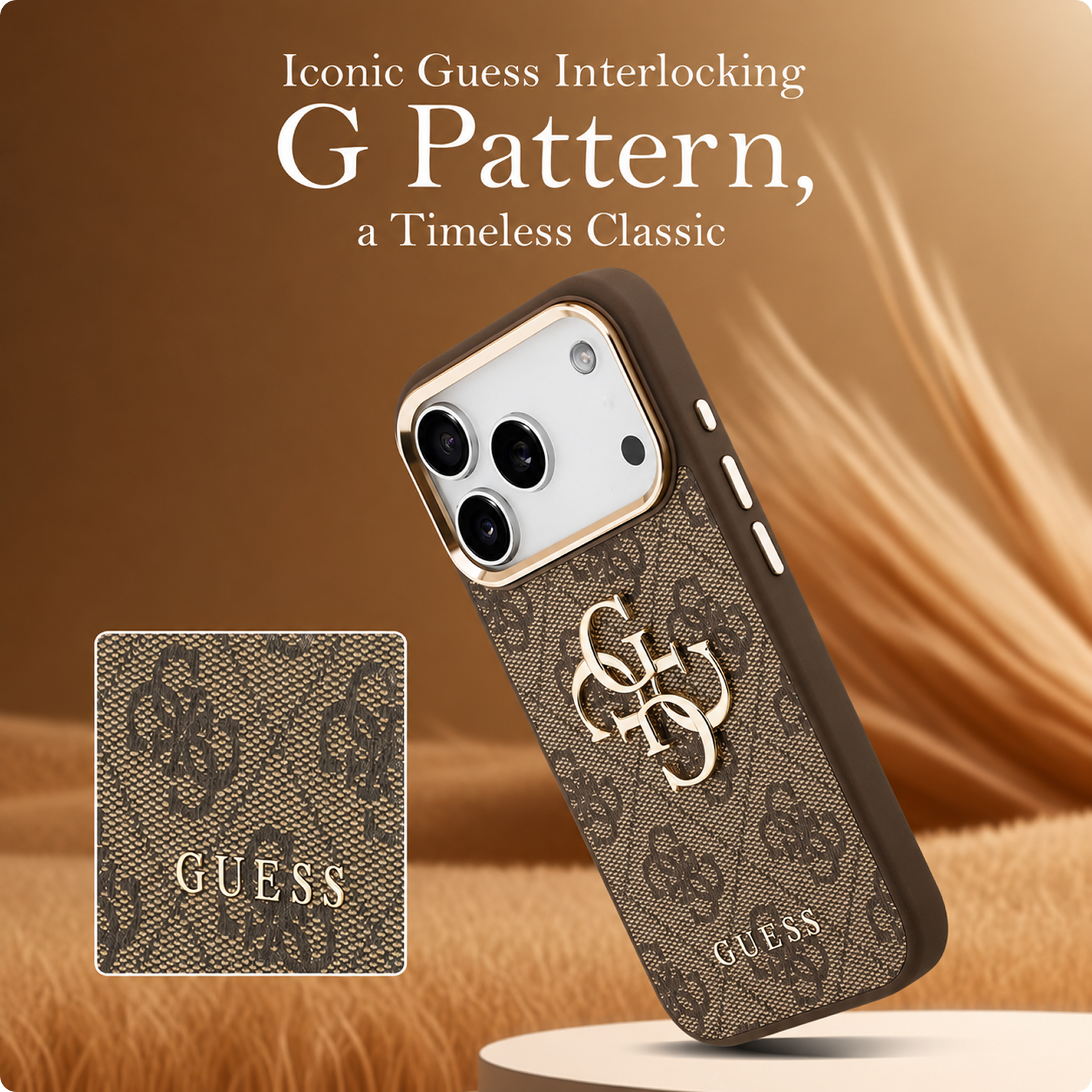 CG MOBILE Guess [Official Licensed] Protective Case Designed for iPhone 17 Pro Max |4G Pu Leather Case with Big 4G & Classic Logo & Gold Metal Camera Frame - Brown
