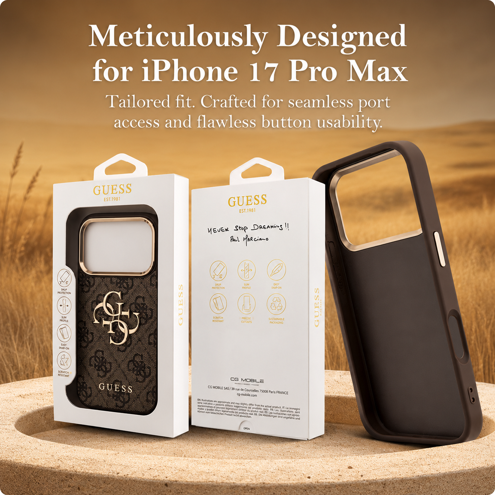 CG MOBILE Guess [Official Licensed] Protective Case Designed for iPhone 17 Pro Max |4G Pu Leather Case with Big 4G & Classic Logo & Gold Metal Camera Frame - Brown
