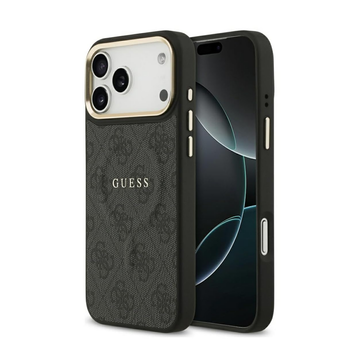 CG MOBILE Guess [Official Licensed] Protective Case Designed for iPhone 17 Pro Max |Magnetic Compatible|4G Pu Leather Case with Classic Logo & Gold Metal Camera Frame -Black