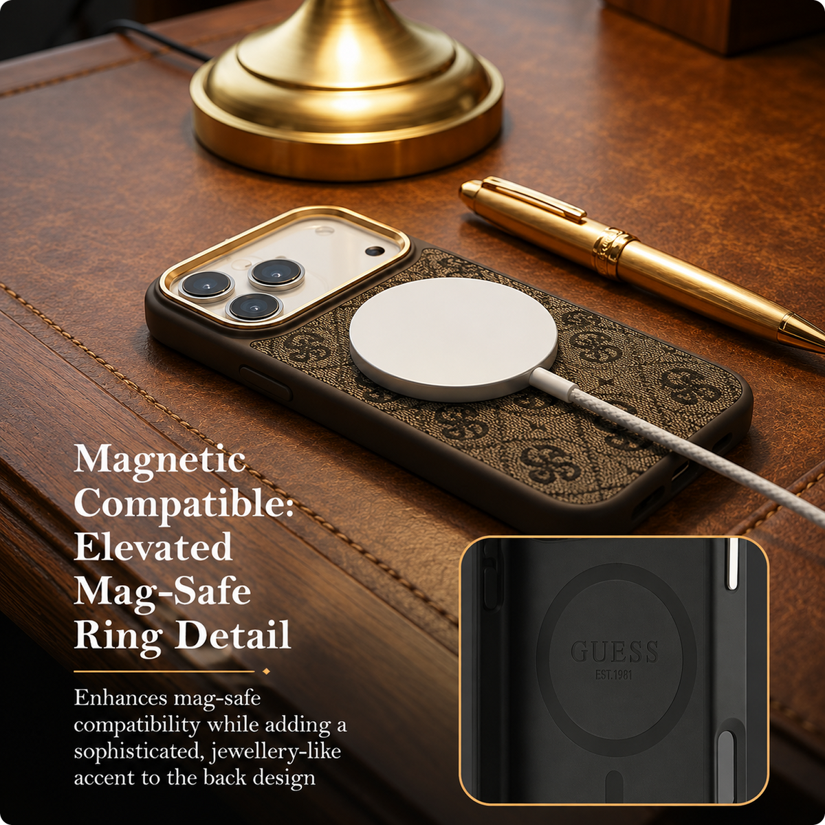 CG MOBILE Guess [Official Licensed] Protective Case Designed for iPhone 17 Pro Max |Magnetic Compatible|4G Pu Leather Case with Classic Logo & Gold Metal Camera Frame -Black