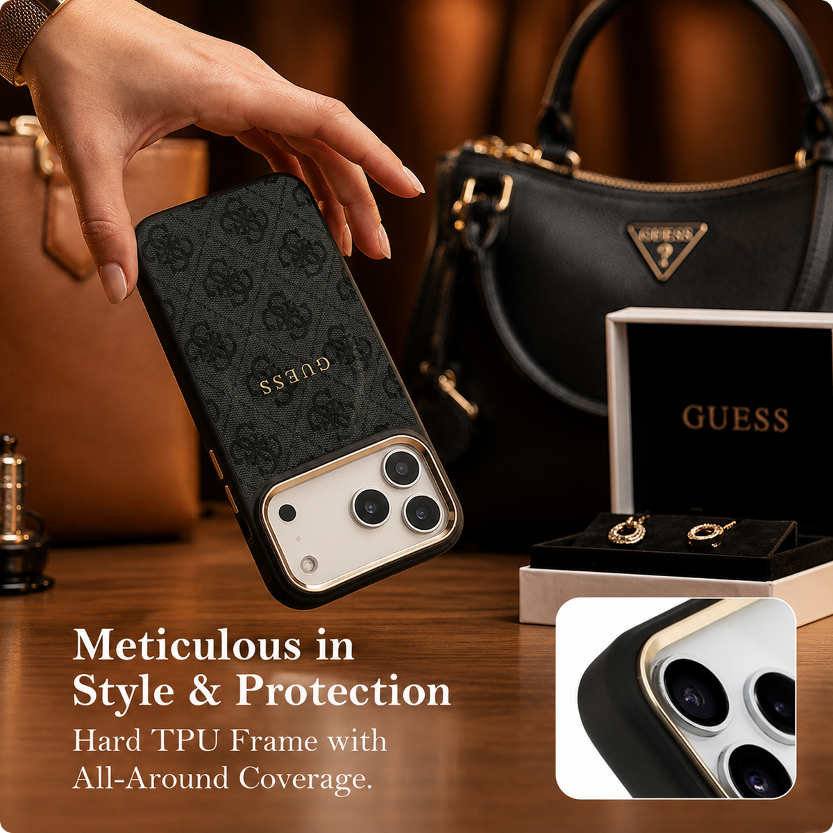 CG MOBILE Guess [Official Licensed] Protective Case Designed for iPhone 17 Pro Max |Magnetic Compatible|4G Pu Leather Case with Classic Logo & Gold Metal Camera Frame -Black
