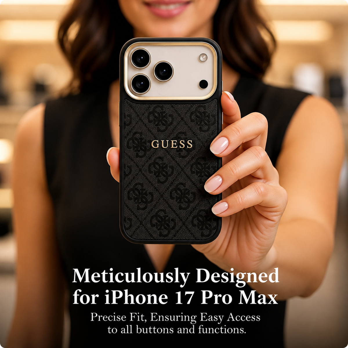 CG MOBILE Guess [Official Licensed] Protective Case Designed for iPhone 17 Pro Max |Magnetic Compatible|4G Pu Leather Case with Classic Logo & Gold Metal Camera Frame -Black
