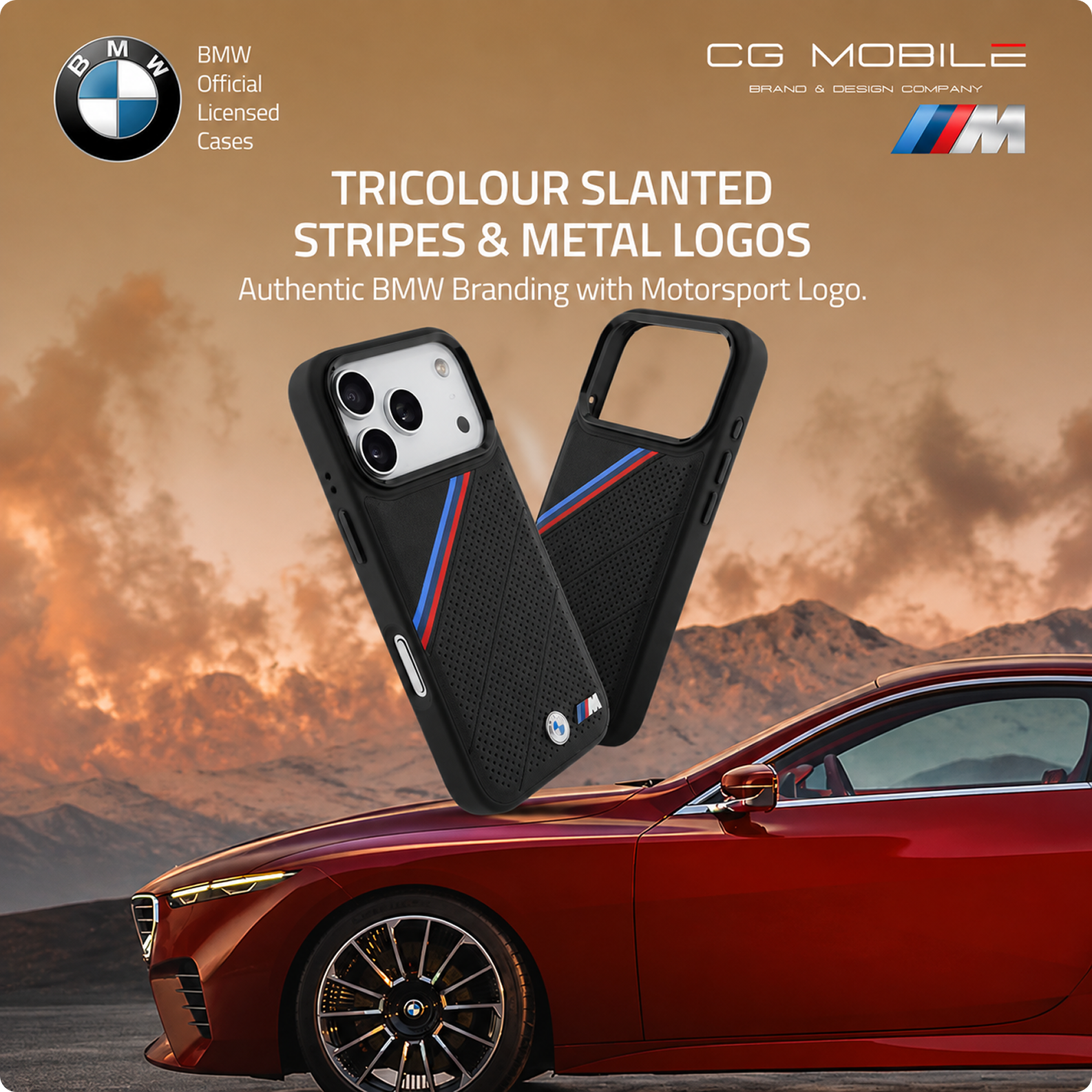 CG MOBILE BMW [Official Licensed] Protective Case Designed for iPhone 17 Pro Max |Magnetic Compatible|M Collection|Pu Leather Tricolor Slanted Stripes & Metal Logos -Black