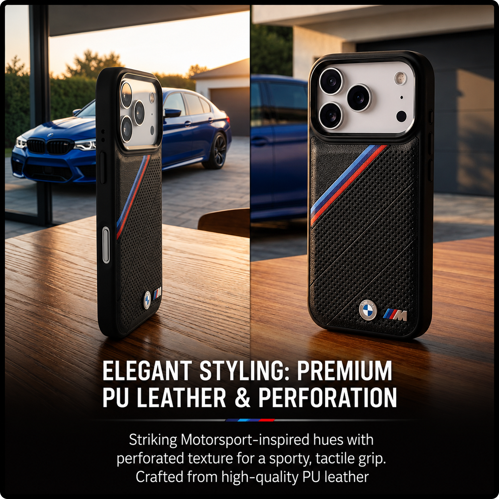 CG MOBILE BMW [Official Licensed] Protective Case Designed for iPhone 17 Pro Max |Magnetic Compatible|M Collection|Pu Leather Tricolor Slanted Stripes & Metal Logos -Black