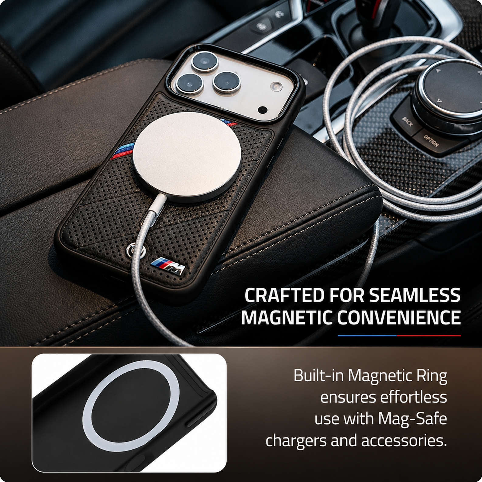 CG MOBILE BMW [Official Licensed] Protective Case Designed for iPhone 17 Pro Max |Magnetic Compatible|M Collection|Pu Leather Tricolor Slanted Stripes & Metal Logos -Black