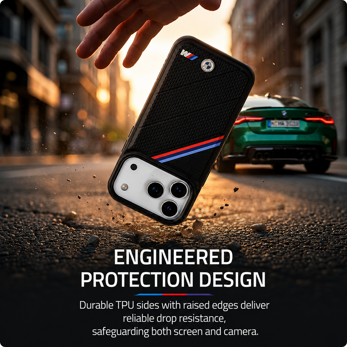 CG MOBILE BMW [Official Licensed] Protective Case Designed for iPhone 17 Pro Max |Magnetic Compatible|M Collection|Pu Leather Tricolor Slanted Stripes & Metal Logos -Black